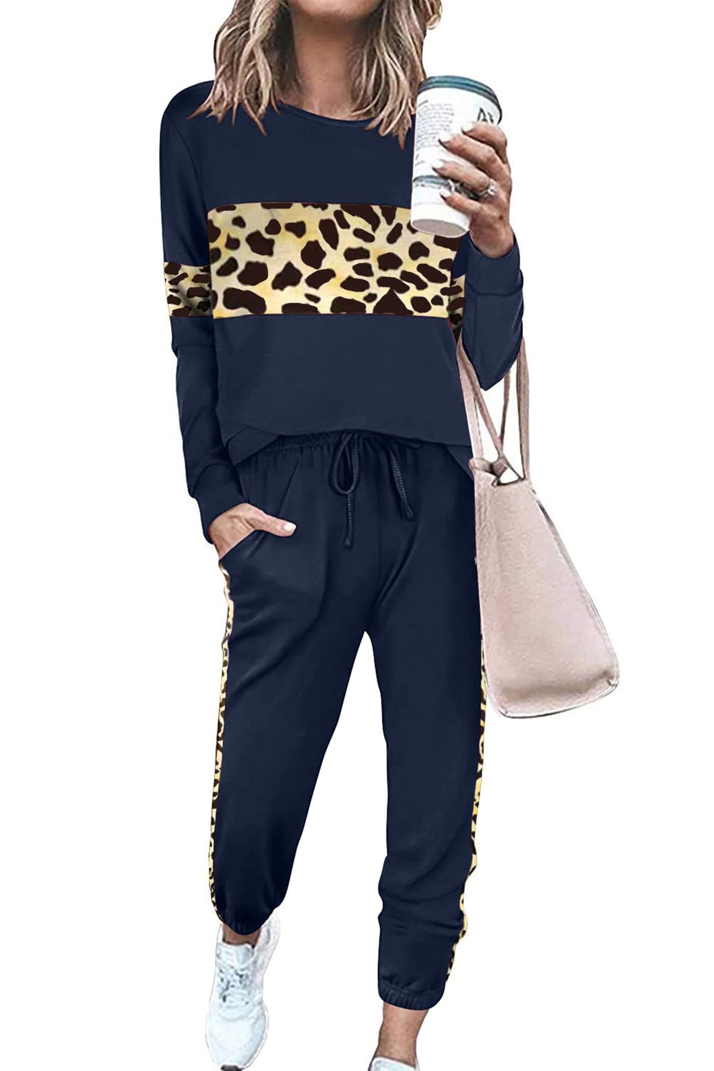 Women Color Block 2 Piece Sets Tracksuit,Leopard Navy,S