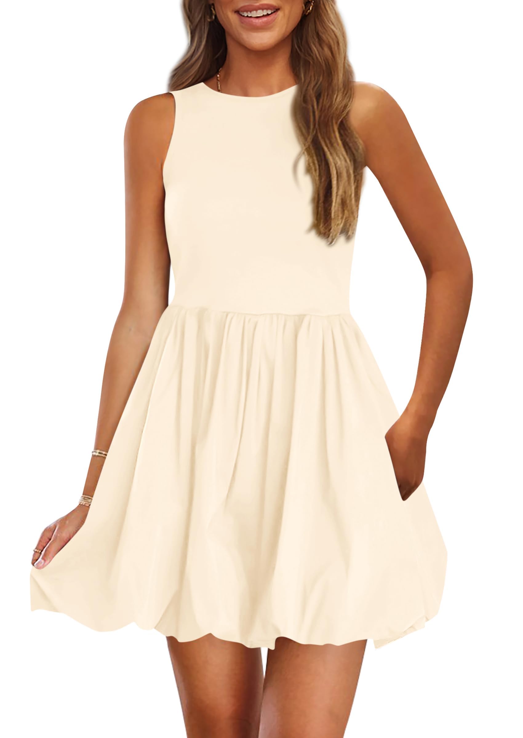 Womens Summer Bubble Sleeveless Mini Dress,Beige,S