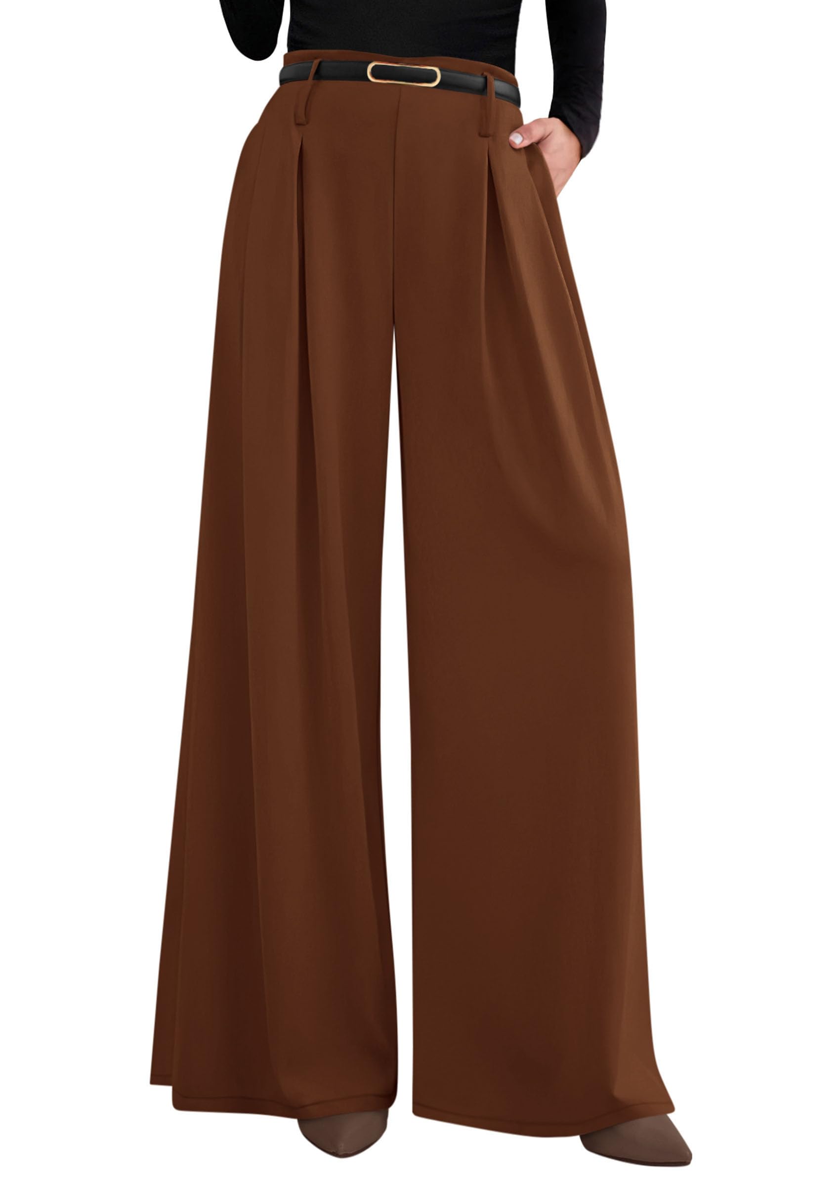 Womens Wide Leg Dress Pants Flowy Trousers,Red Brown,S
