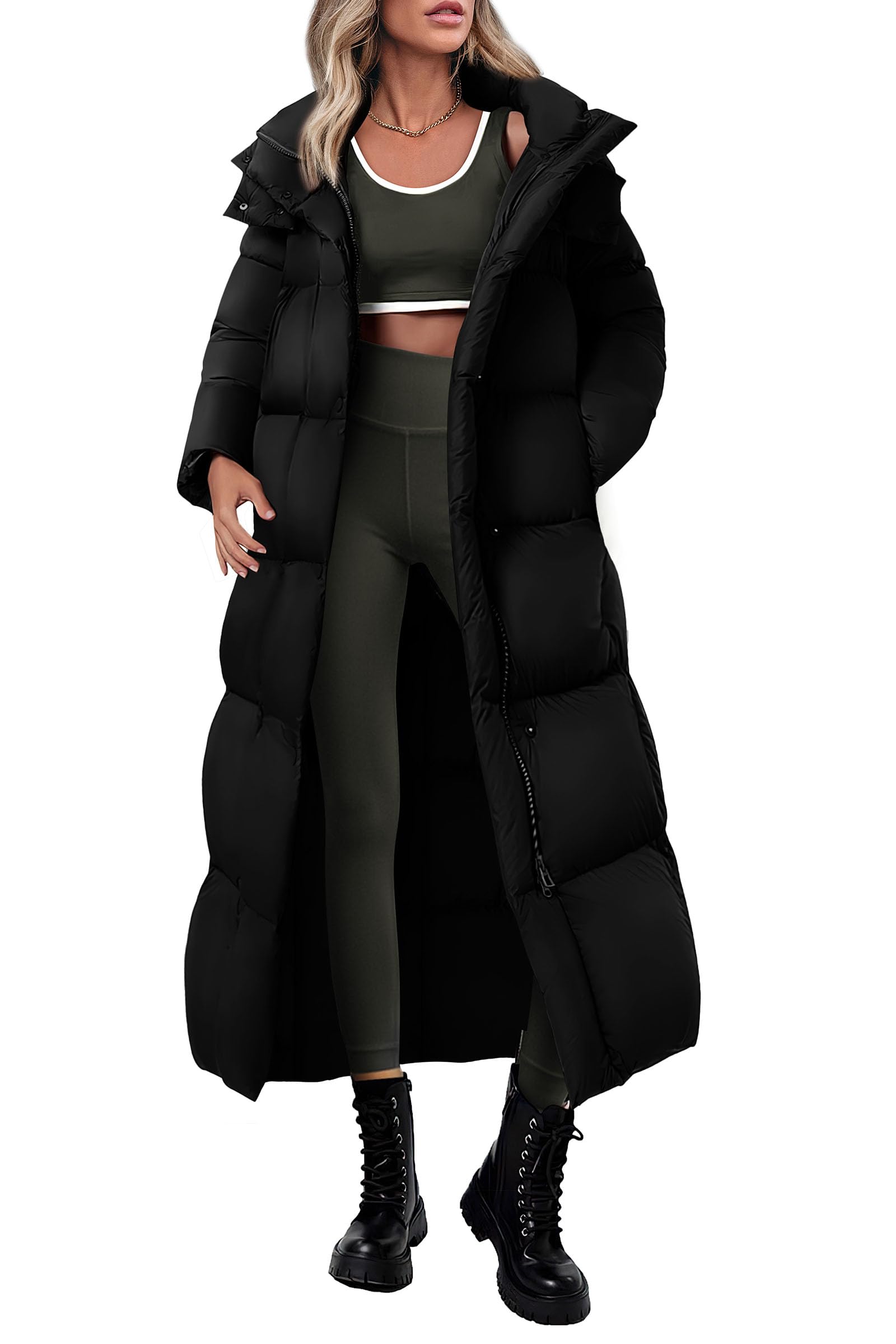 Women's Trendy Winter Long Puffer Coats(Black,X-Small)