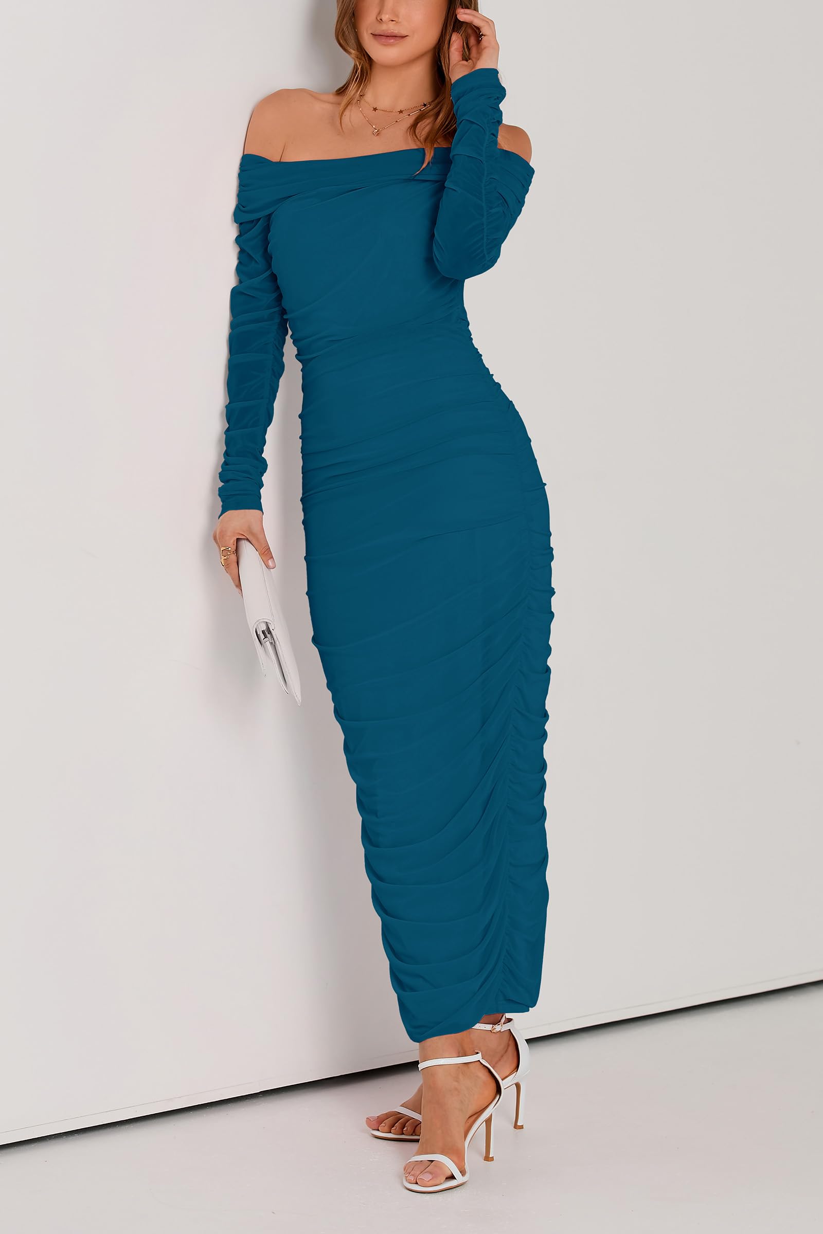 Women's Off the Shoulder Maxi Bodycon Dress, Lake Blue,S