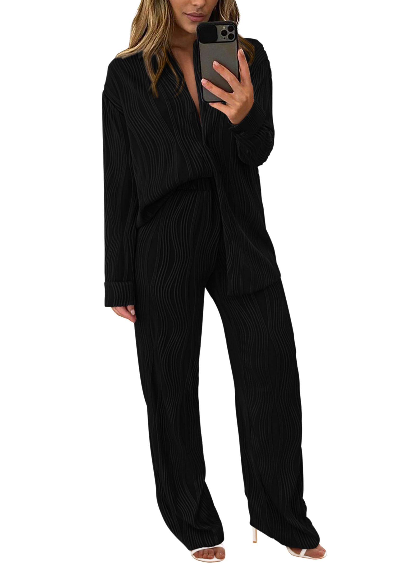 Womens 2 Piece Sets Button Down Lounge Tracksuit,Black,S