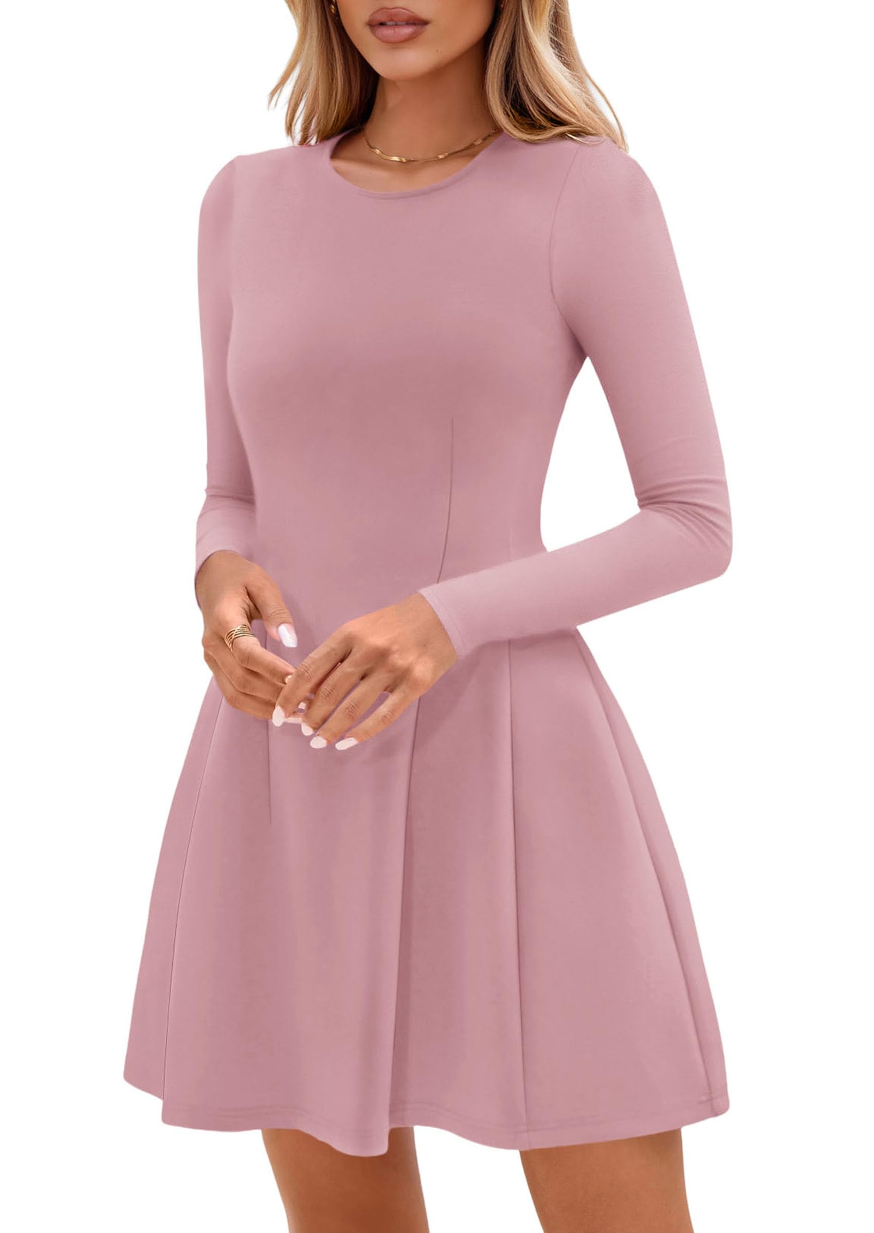 Womens Long Sleeve Pleated Mini Dress,Pink,XS