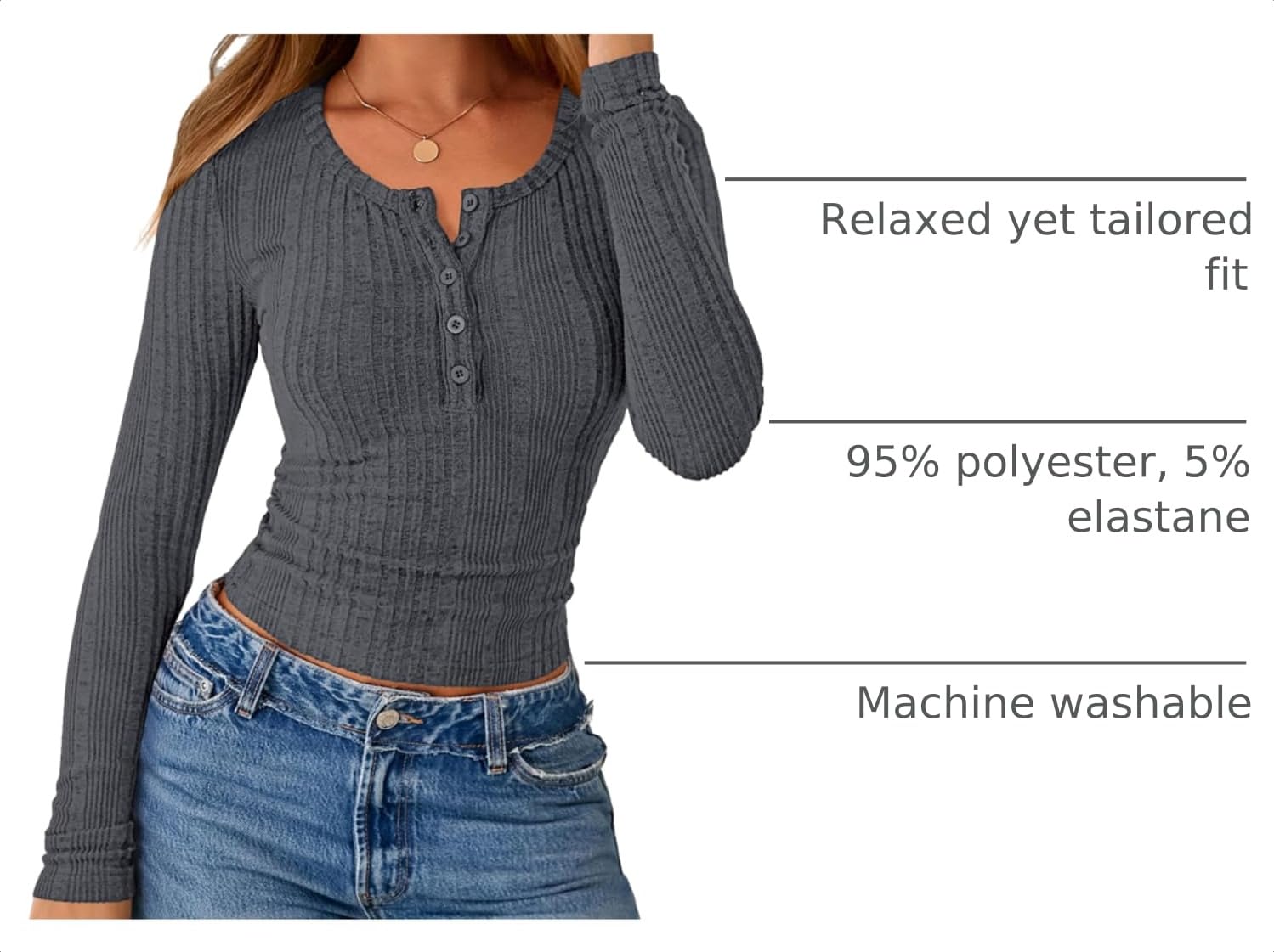 Women's Long Sleeve Tops Ribbed Henley Shirts,Grey,XS