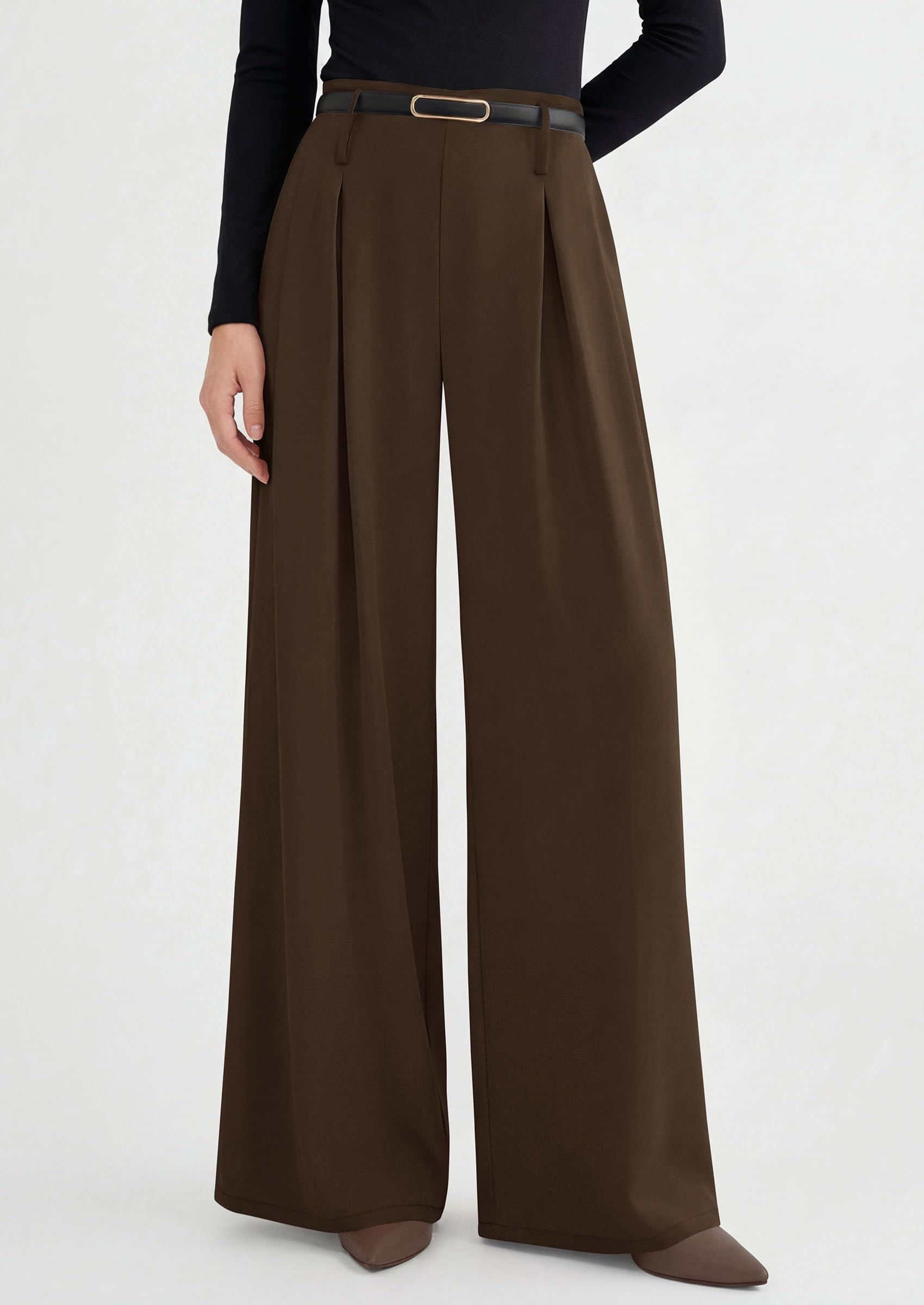 Womens Wide Leg Dress Pants Flowy Trousers,Brown,S