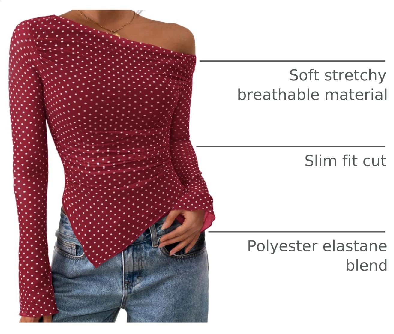 Womens Off Shoulder Mesh Y2k Tops,Small Dot Red White,XS