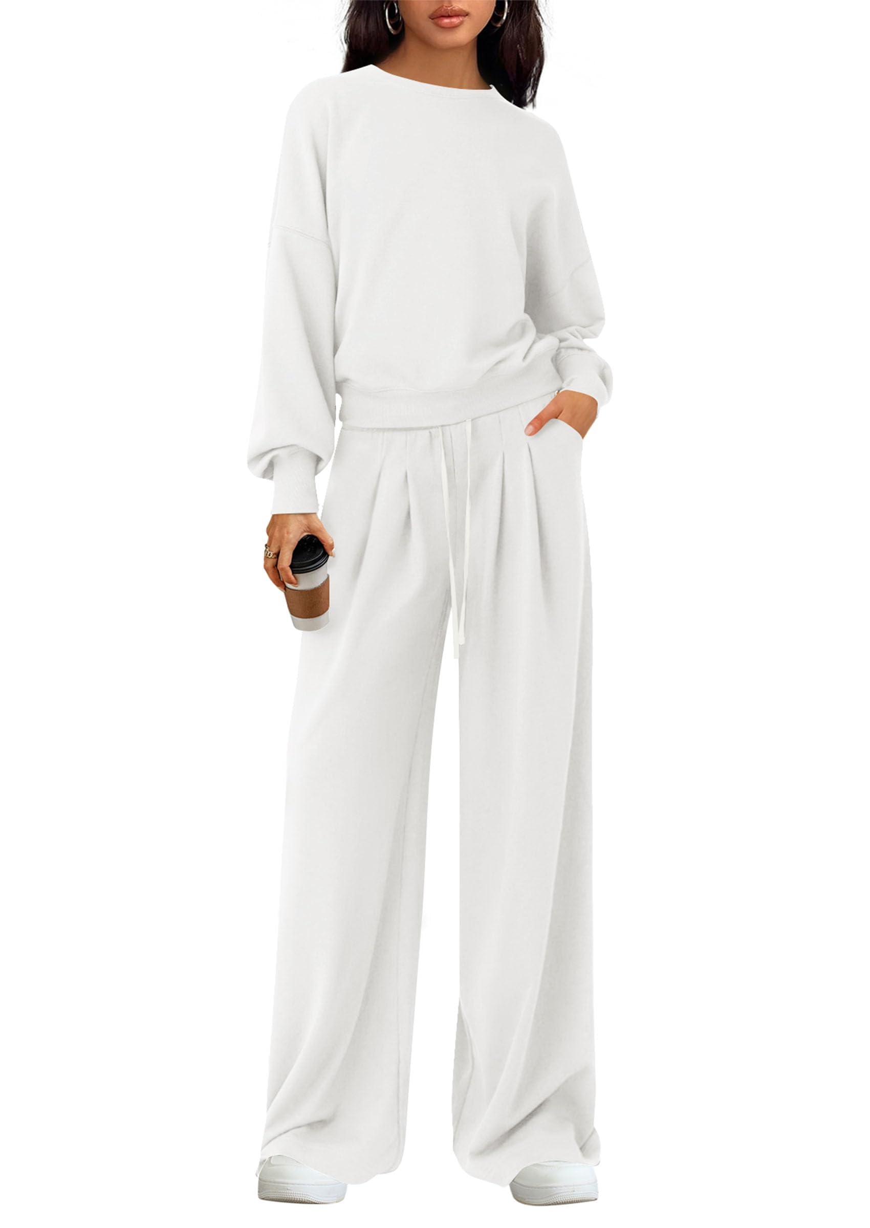 Womens Loose Fit Casual 2 Piece Lounge Set,White,M