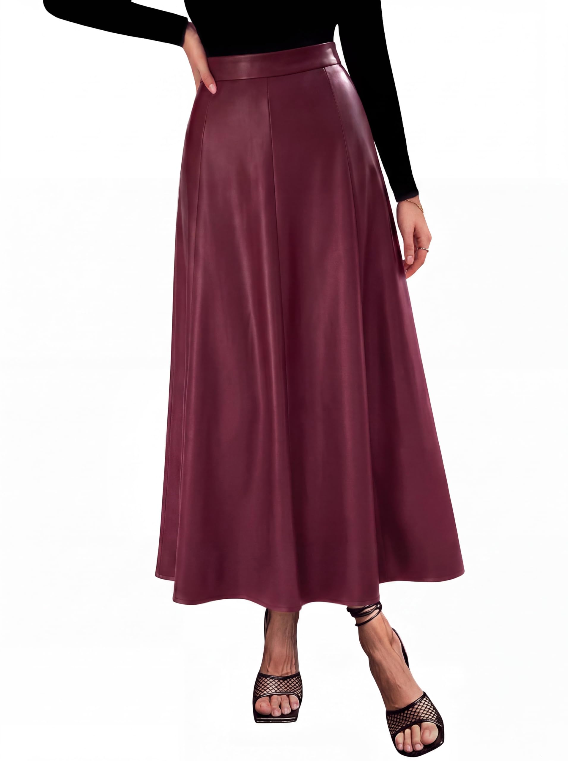 Womens Faux Leather High Waisted Midi Skirt,Wine Red,S