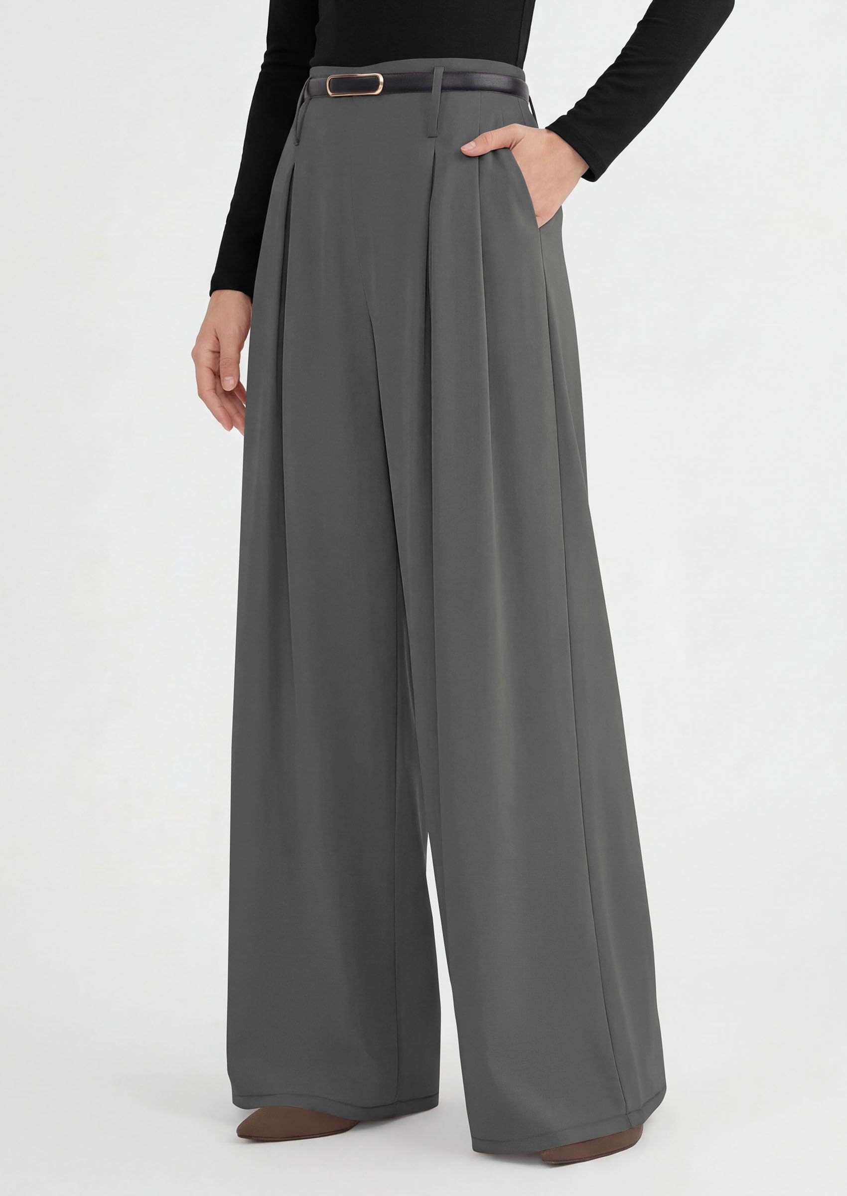 Womens Wide Leg Dress Pants Flowy Trousers,Grey,S