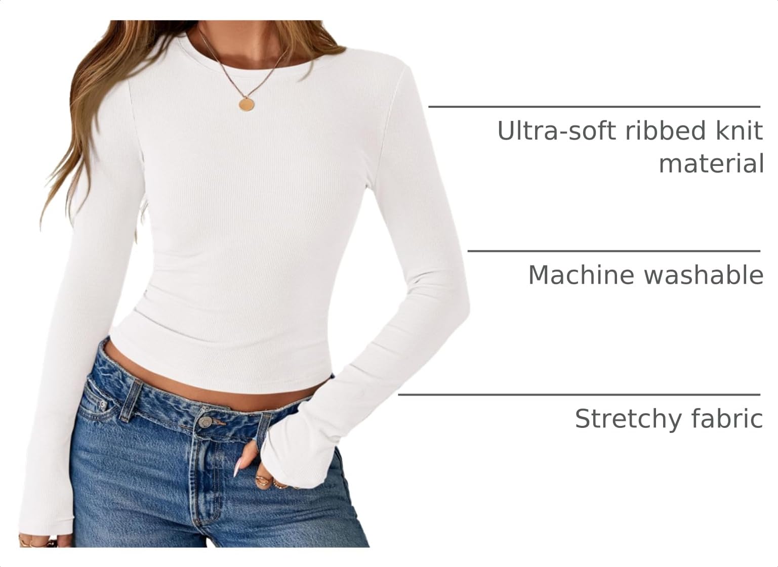 Women's Fall Long Sleeve Shirts Basic Tees (White,M)