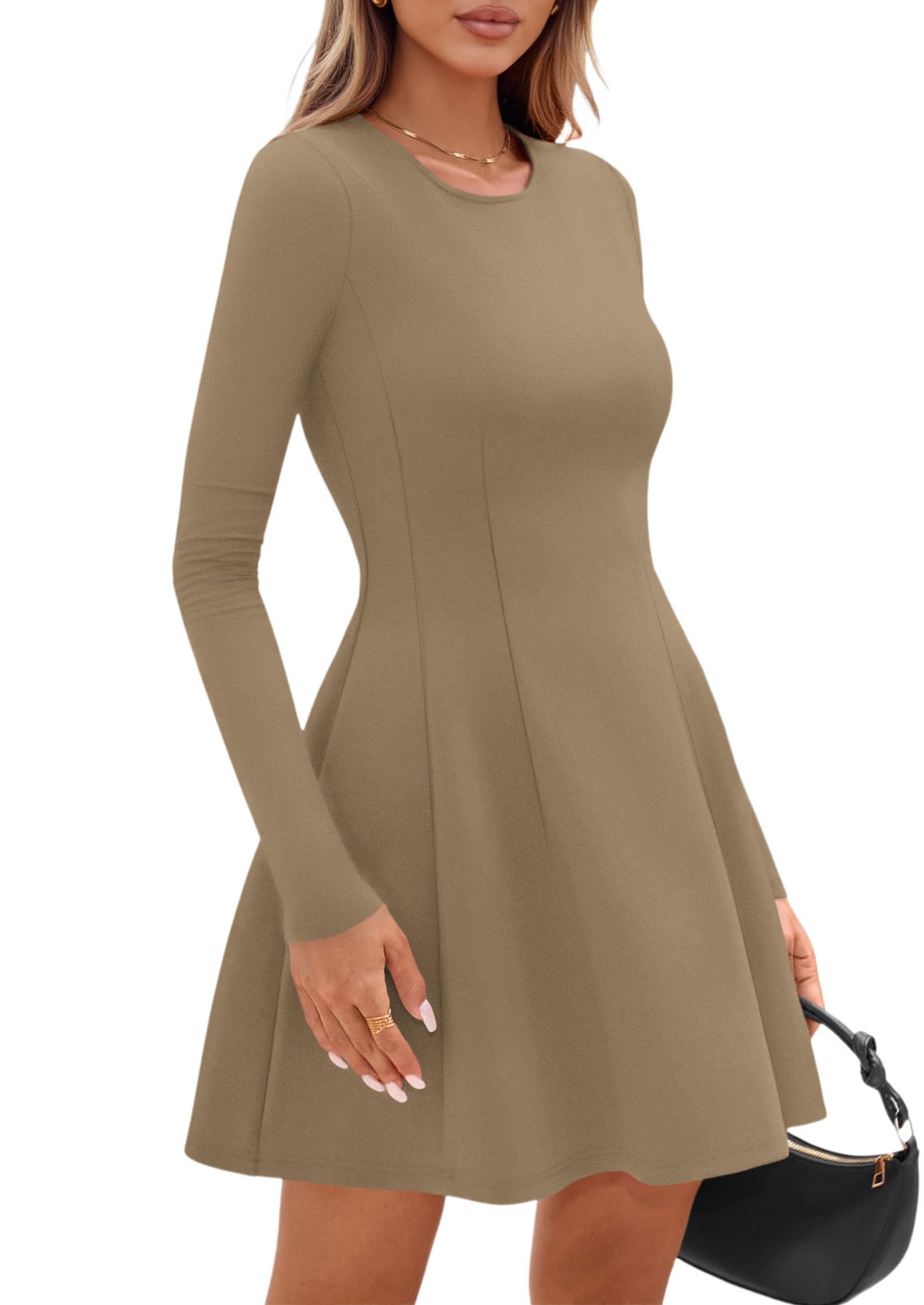 Womens Long Sleeve Pleated Mini Dress,Khaki,XS
