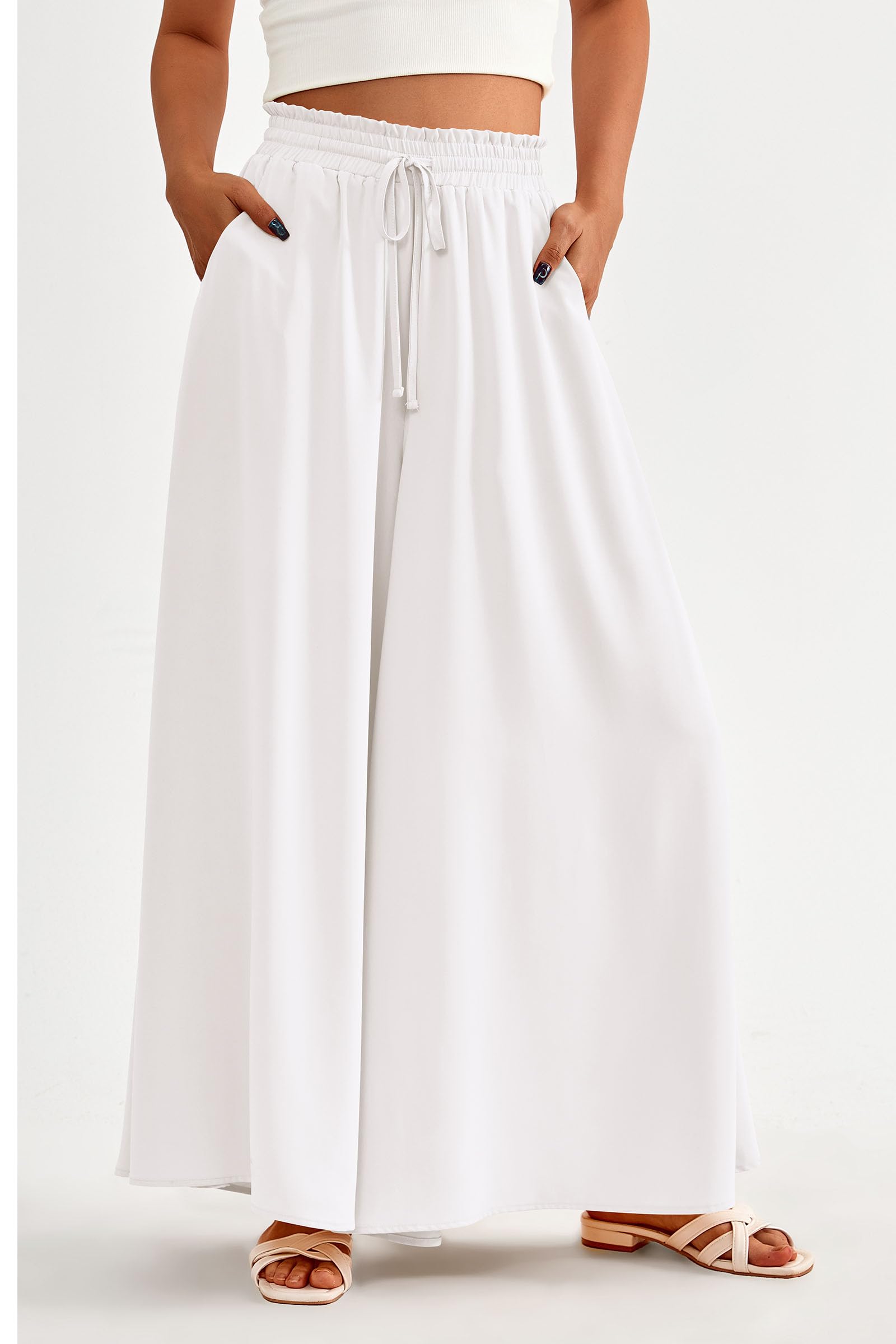 Summer Wide Leg Palazzo Pants for Women Casual,White,S