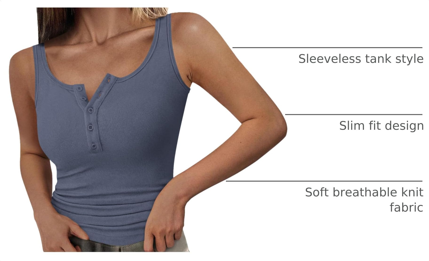 Womens Button Up Sleeveless Henley Tank Tops,Blue Grey,S