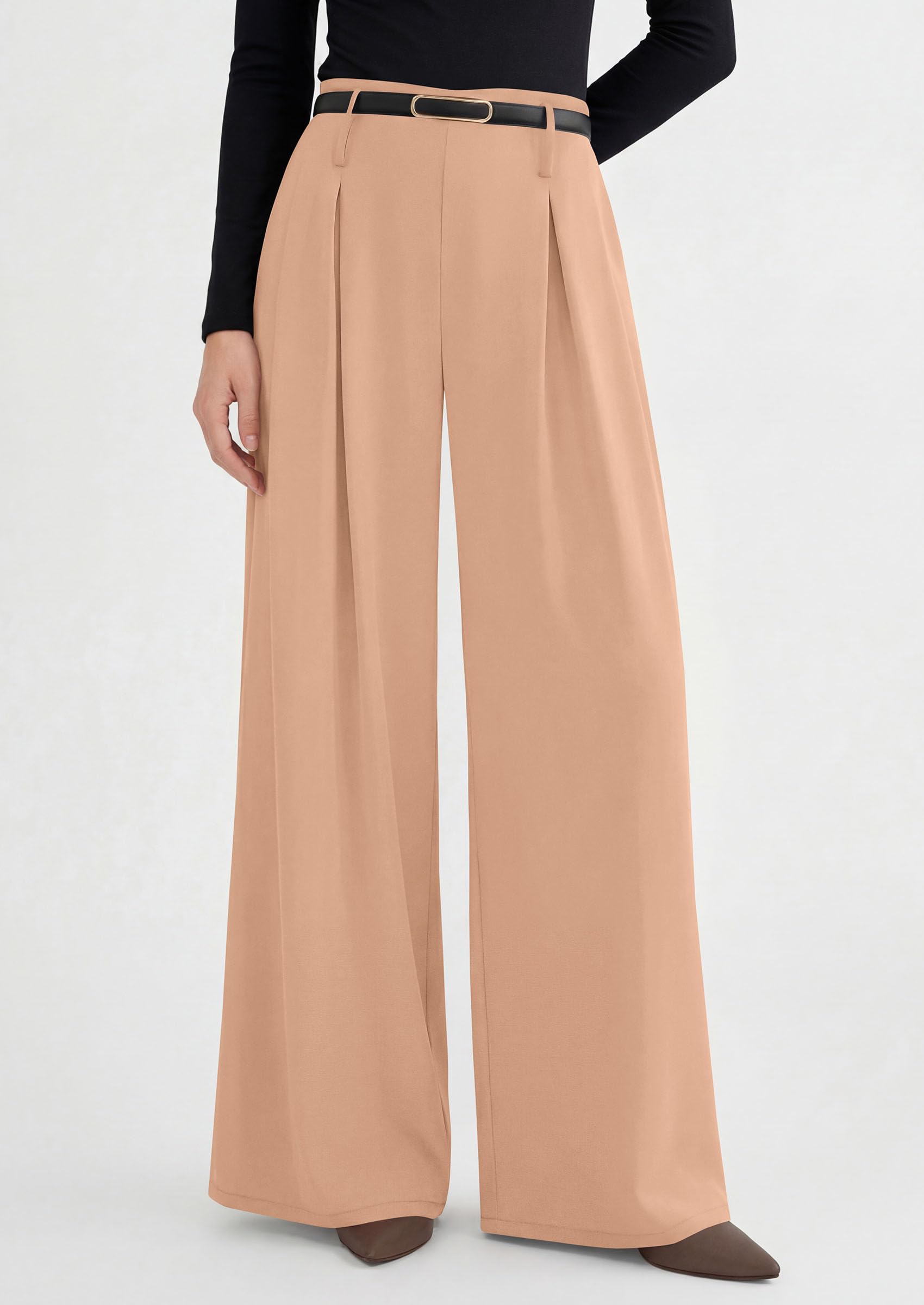 Womens Wide Leg Dress Pants Flowy Trousers,Champagne,S