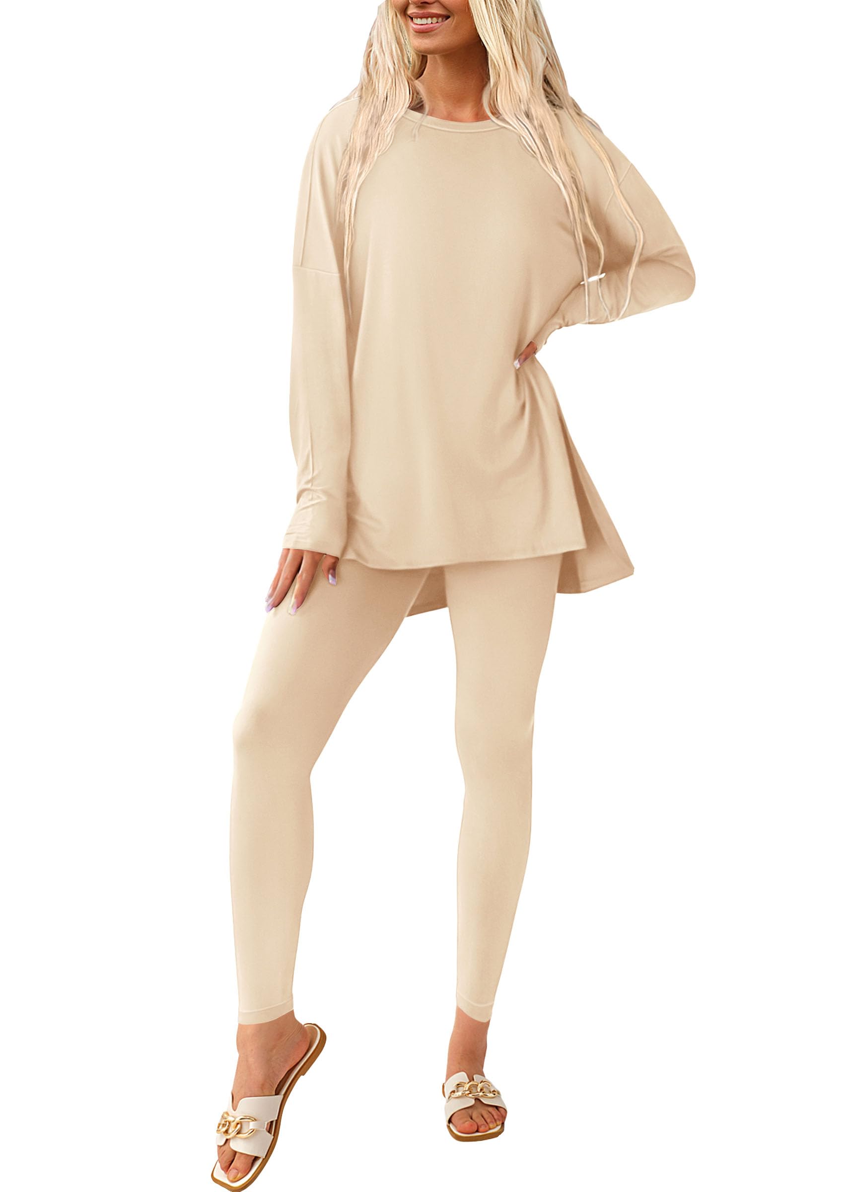 Women's 2 Piece Outfits Matching Lounge Sets,Beige,S