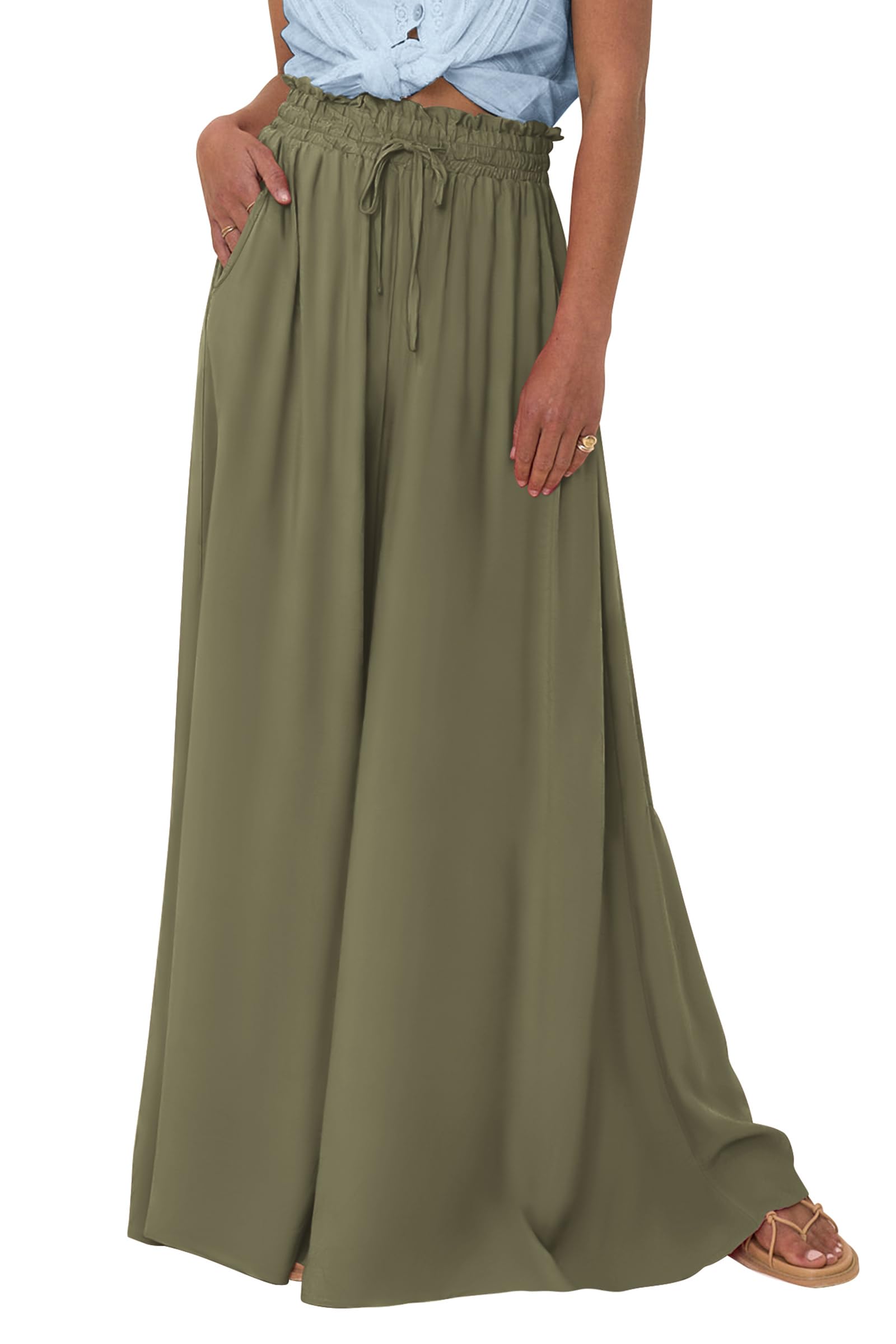 Summer Wide Leg Palazzo Pants for Women Casual,Army Green,M