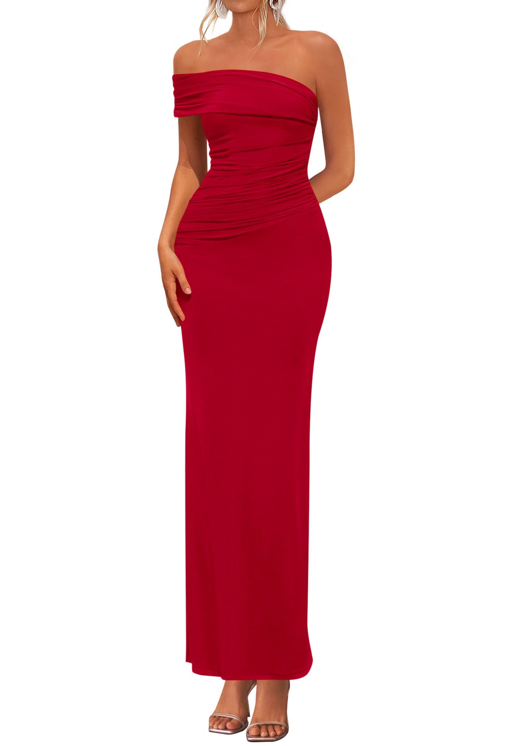 Women's Semi Formal One Off Shoulder Dresses (Red,S)