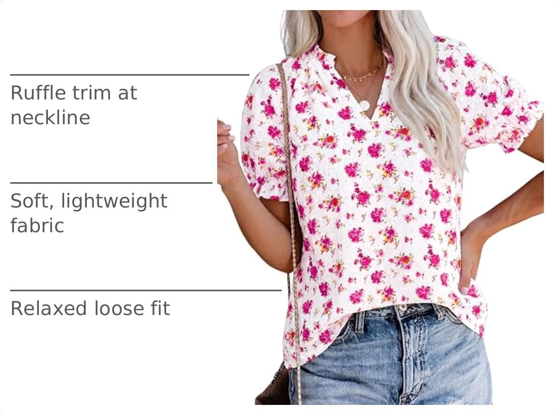 Womens Floral Short Sleeve Blouses,Floral White Rose Red,S