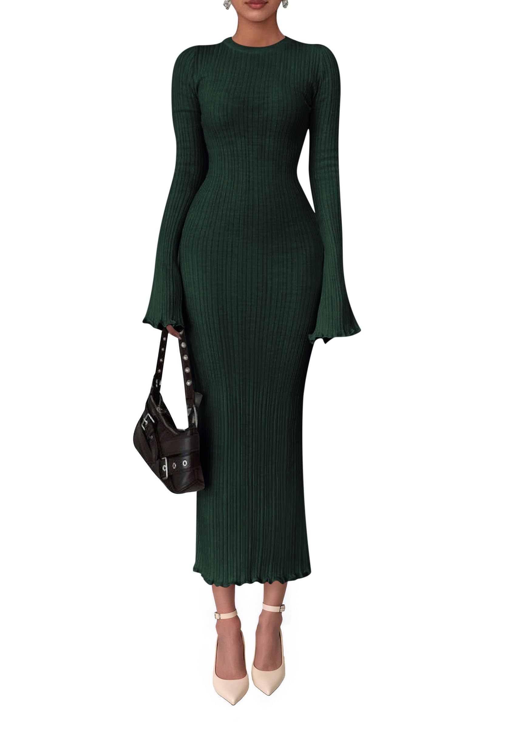 Women's Sweater Dress Long Sleeve Maxi Dresses,Army Green,S