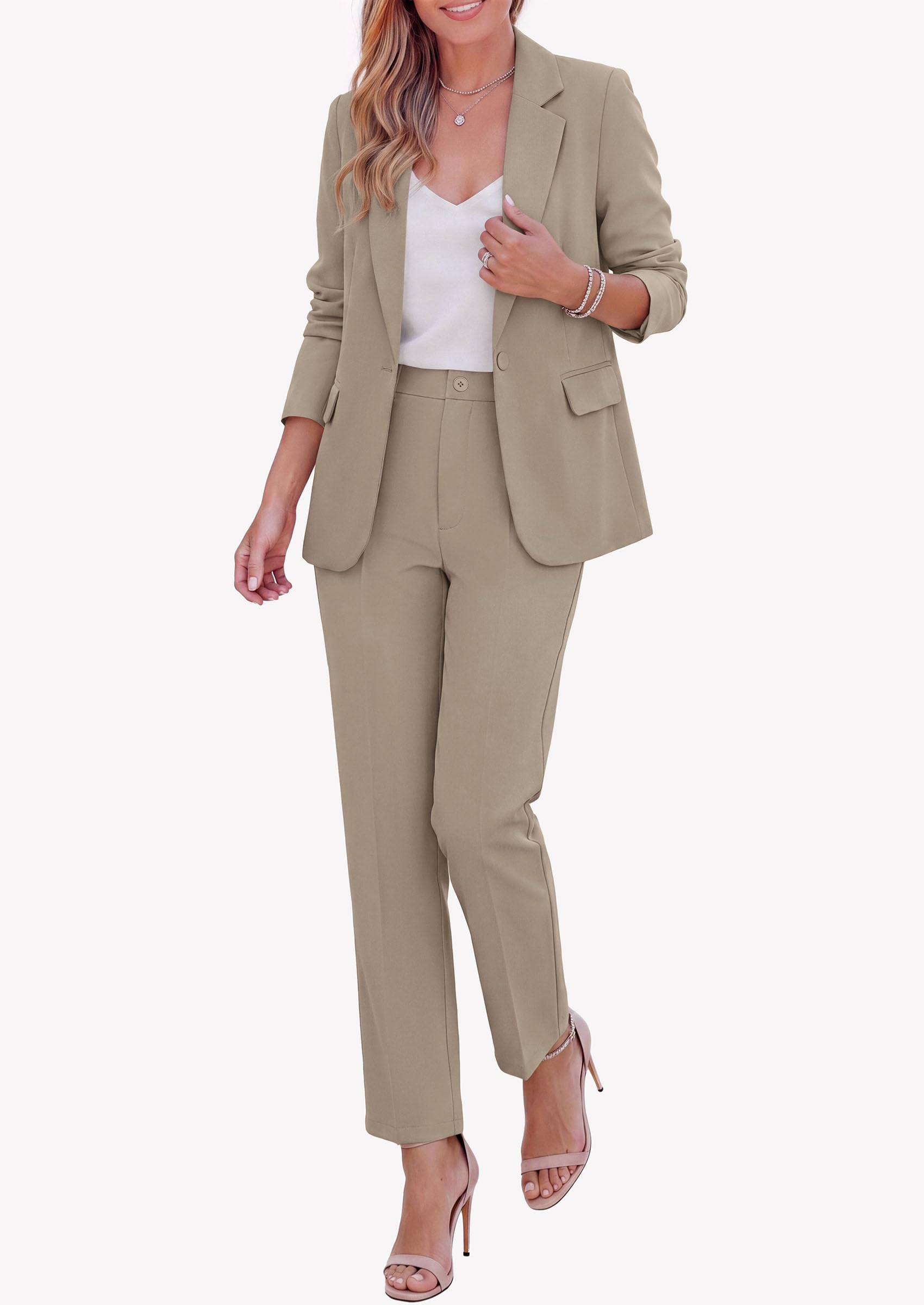 Two Piece Sets for Women Dressy Pant Suits,Khaki,XS