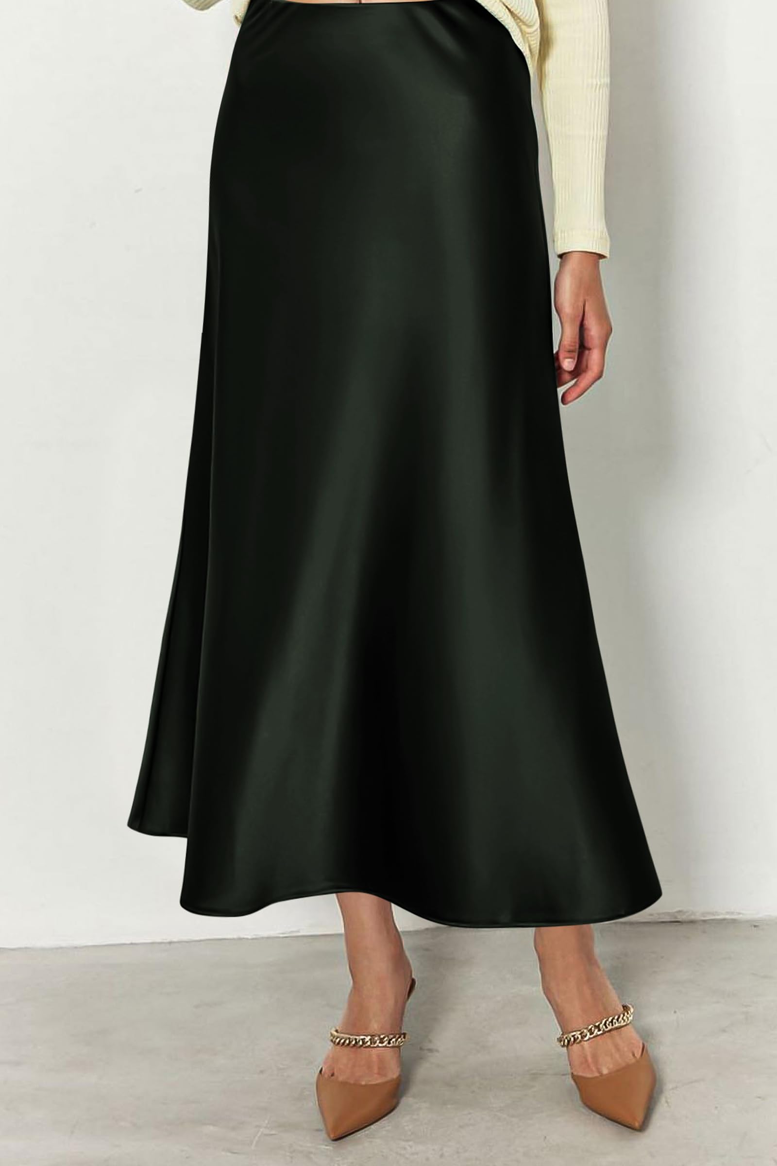 Women's Satin Midi Skirts Dressy Casual,Dark Army Green,S