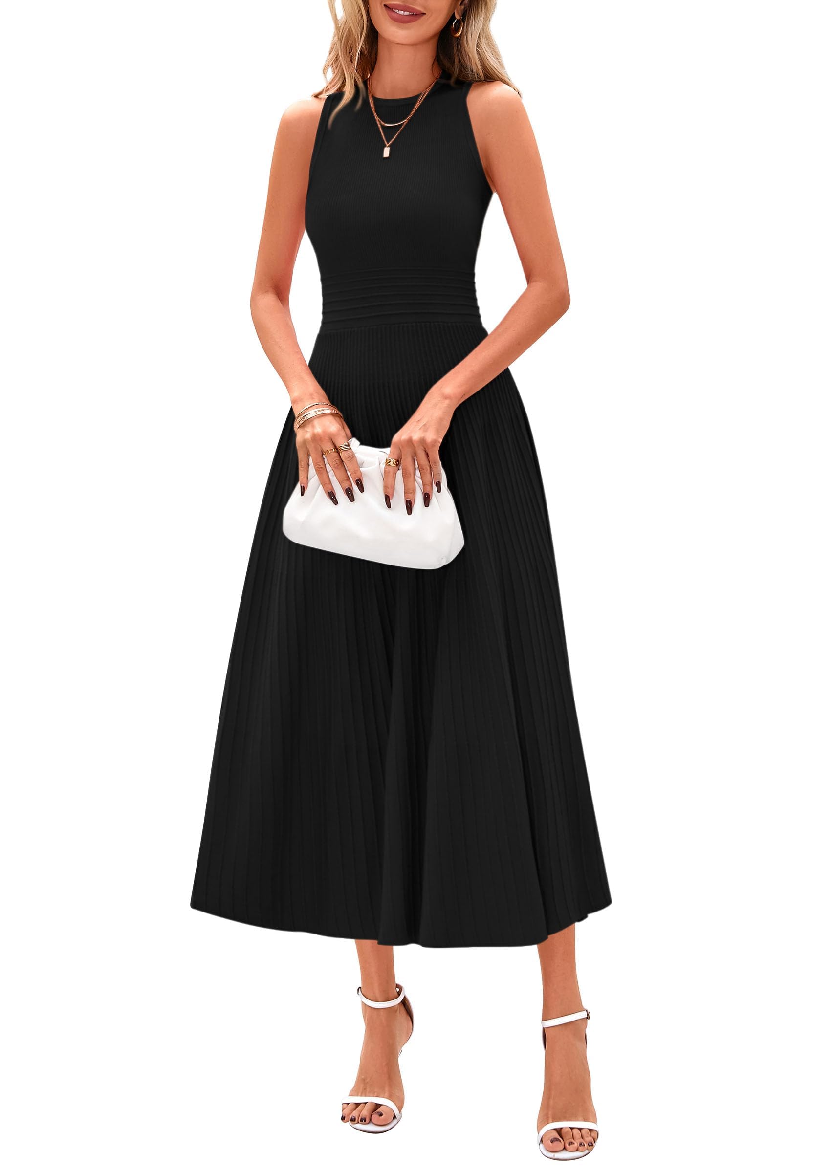Women's Summer Pleated Midi Work Dress,Black,S