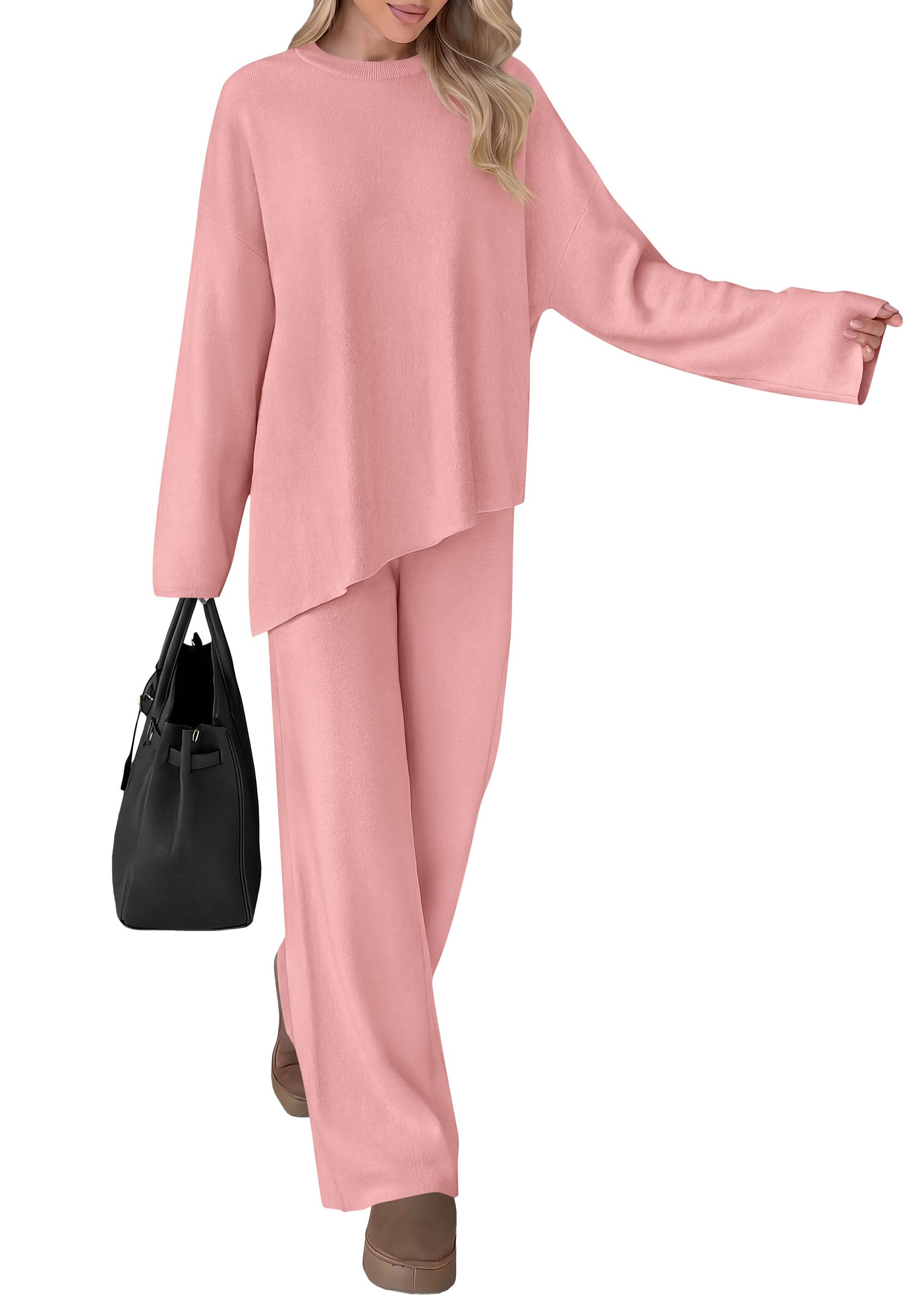 Womens Fall 2 Piece Asymmetric Cozy Sweater Travel Lounge Sets