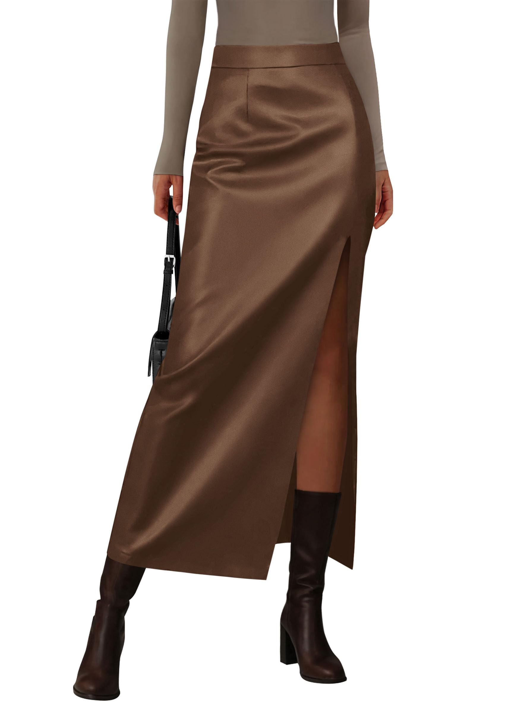 Women's Faux Leather Long Pencil Skirt,Grey Brown,XS