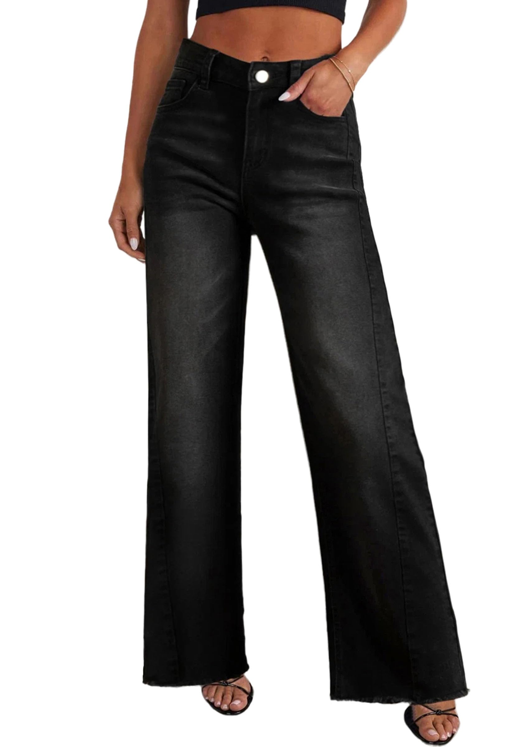 Women's Wide Leg Jeans Raw Hem Denim Pants,Black,4