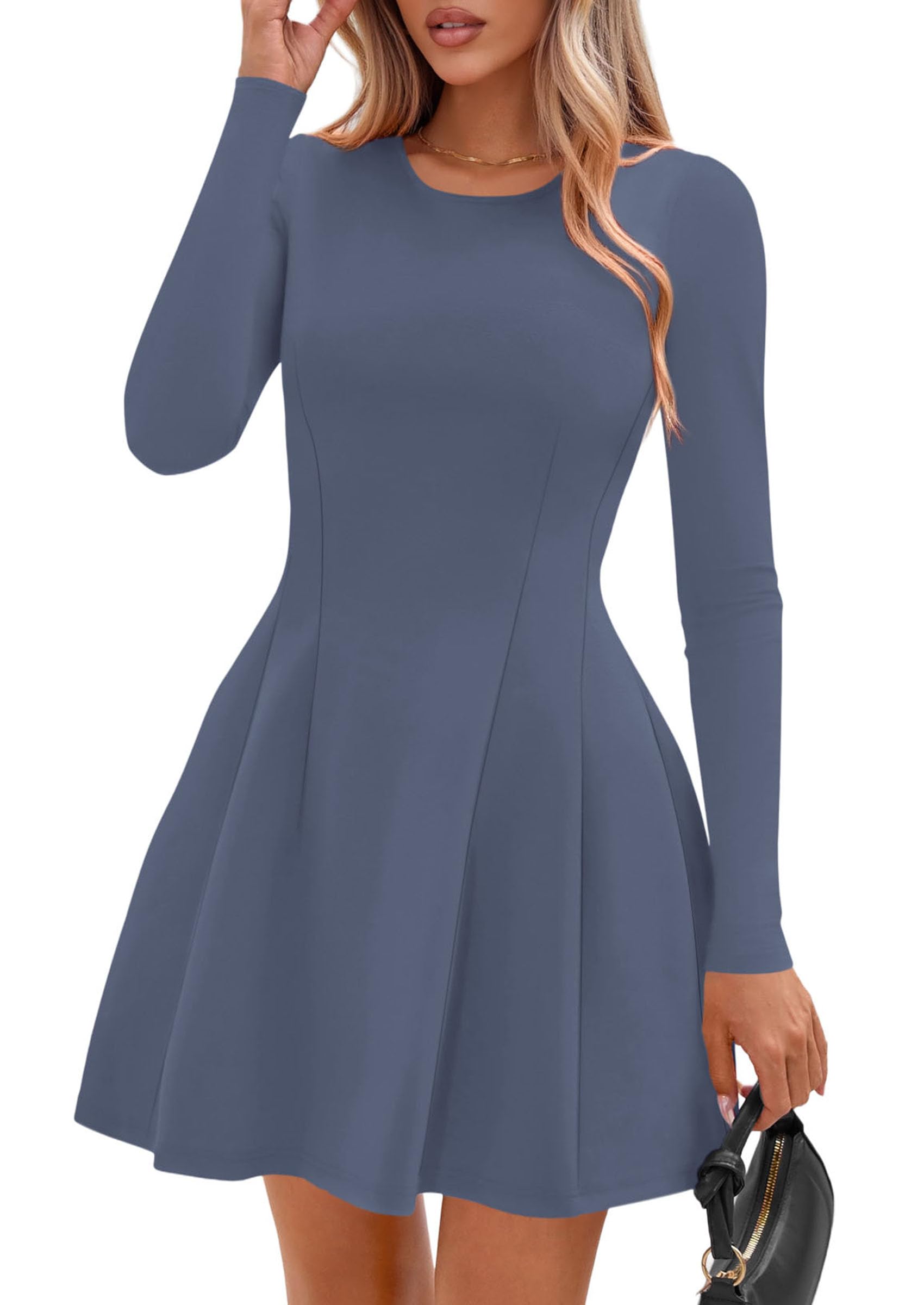 Womens Long Sleeve Pleated Mini Dress,Blue,XS