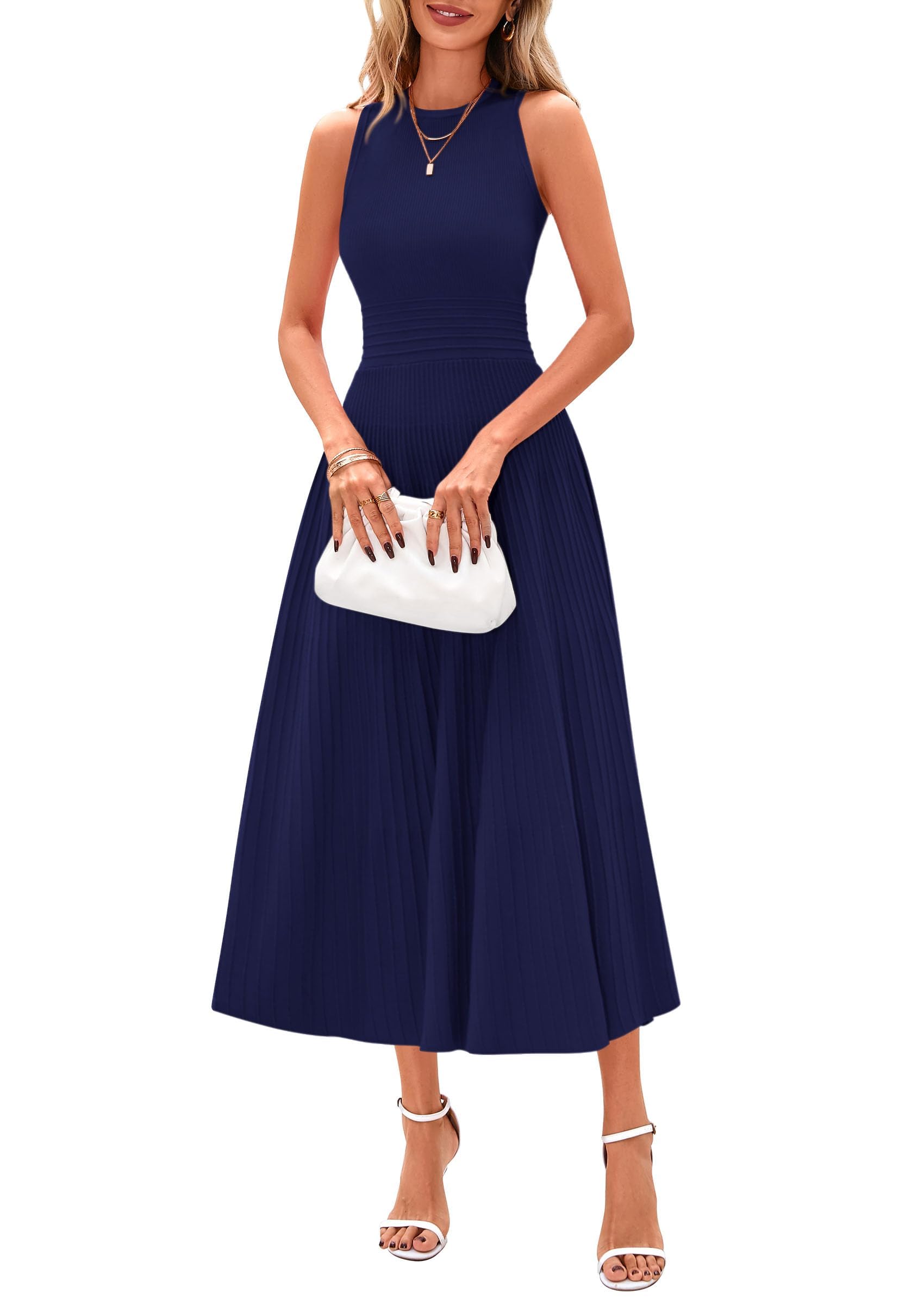 Women's Summer Pleated Midi Work Dress,Navy,S