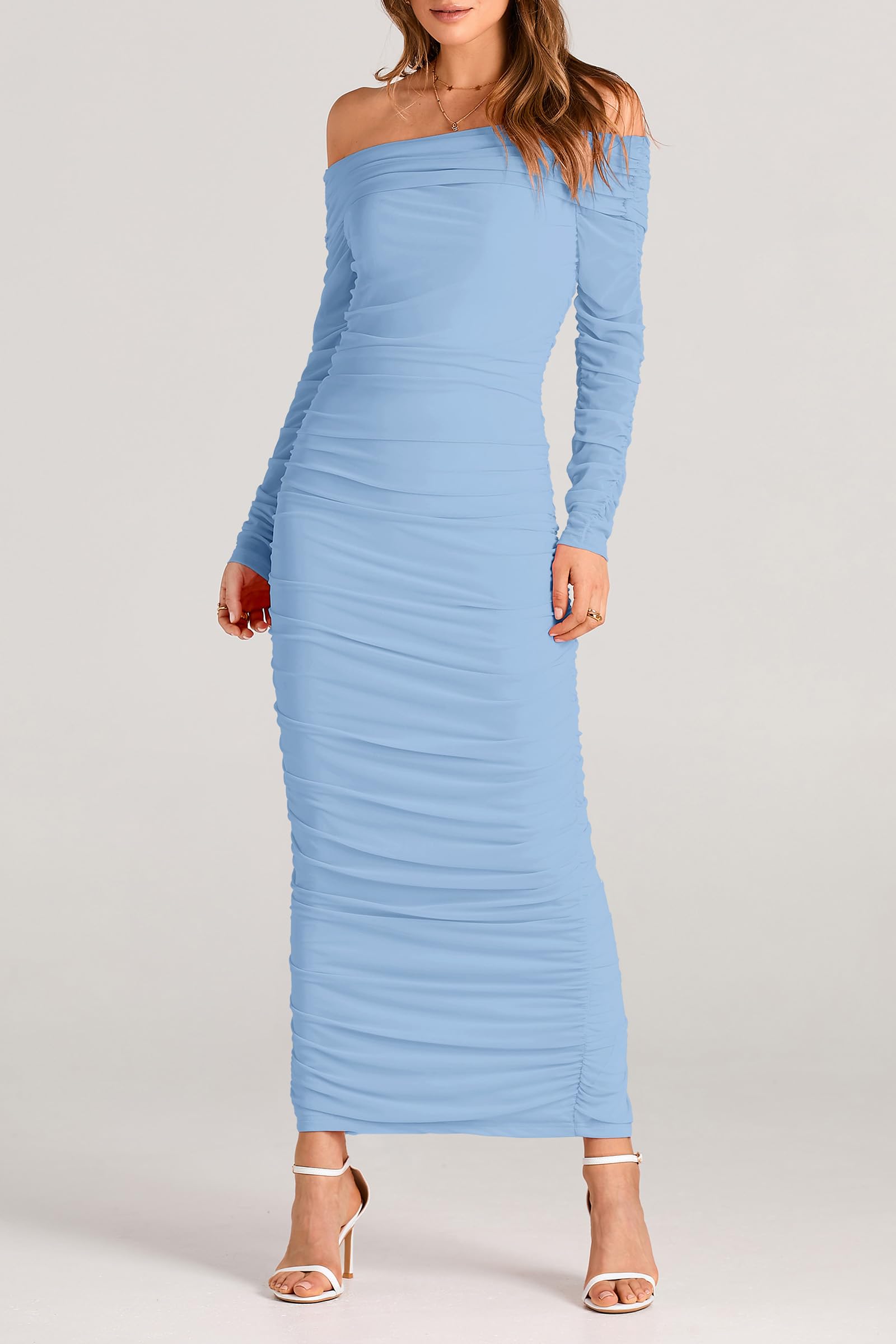 Women's Off the Shoulder Maxi Bodycon Dress, Light Blue,M