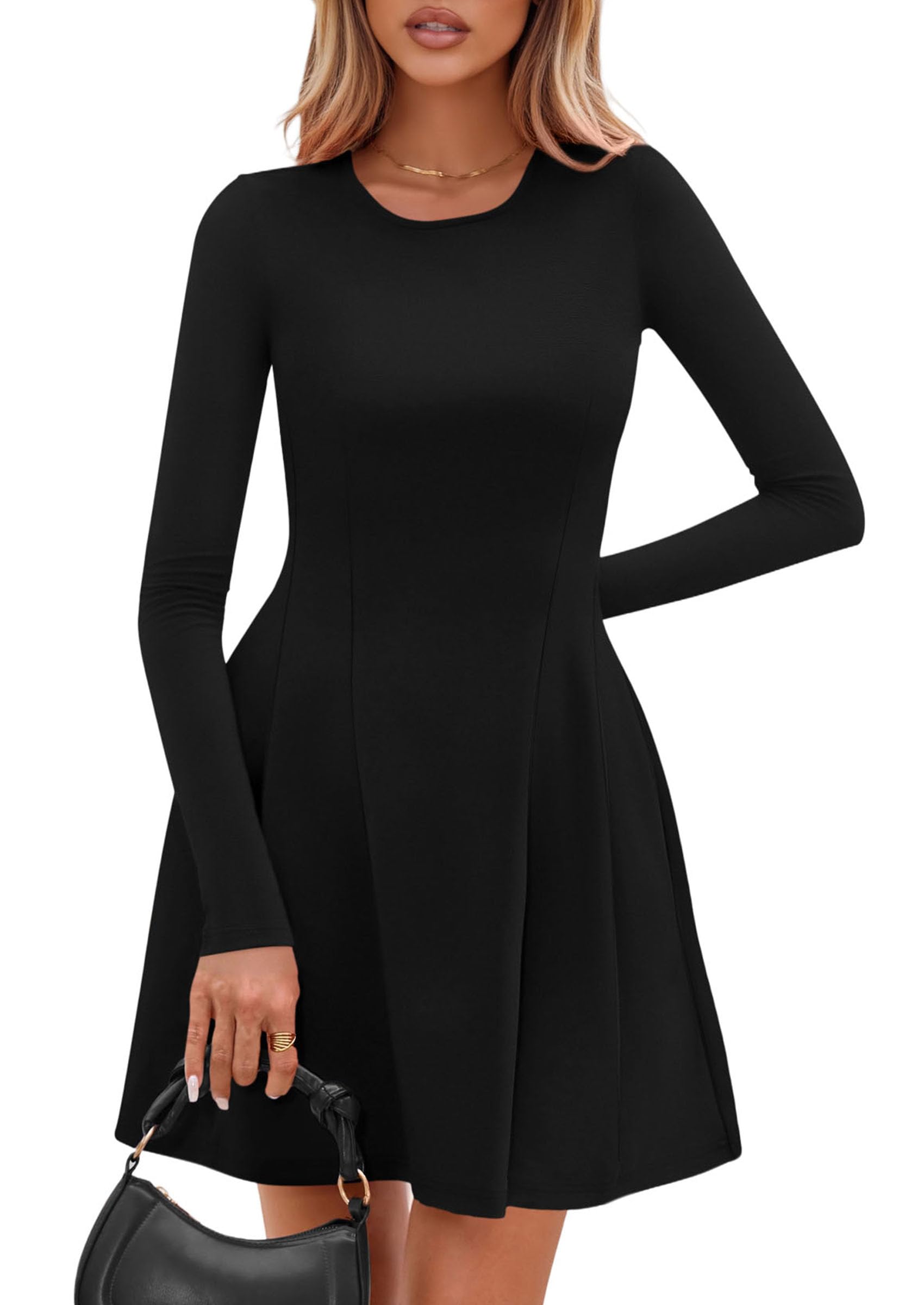 Womens Long Sleeve Pleated Mini Dress,Black,XS