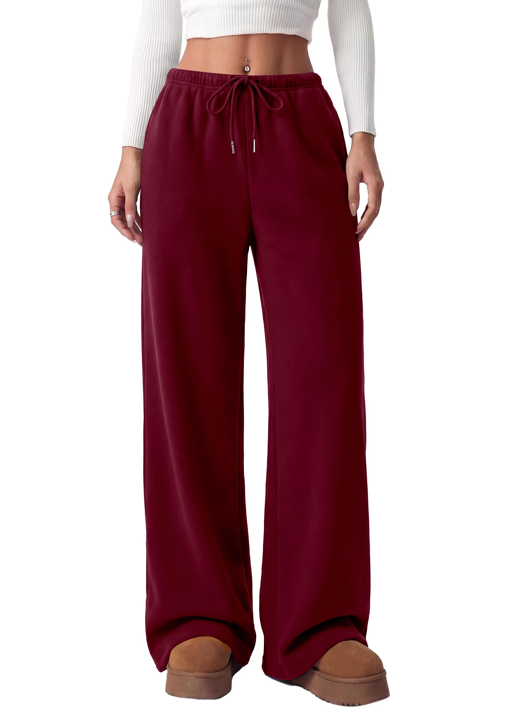 Womens Wide Leg Sweatpants Fleece Fall Sweat Pants,Wine Red