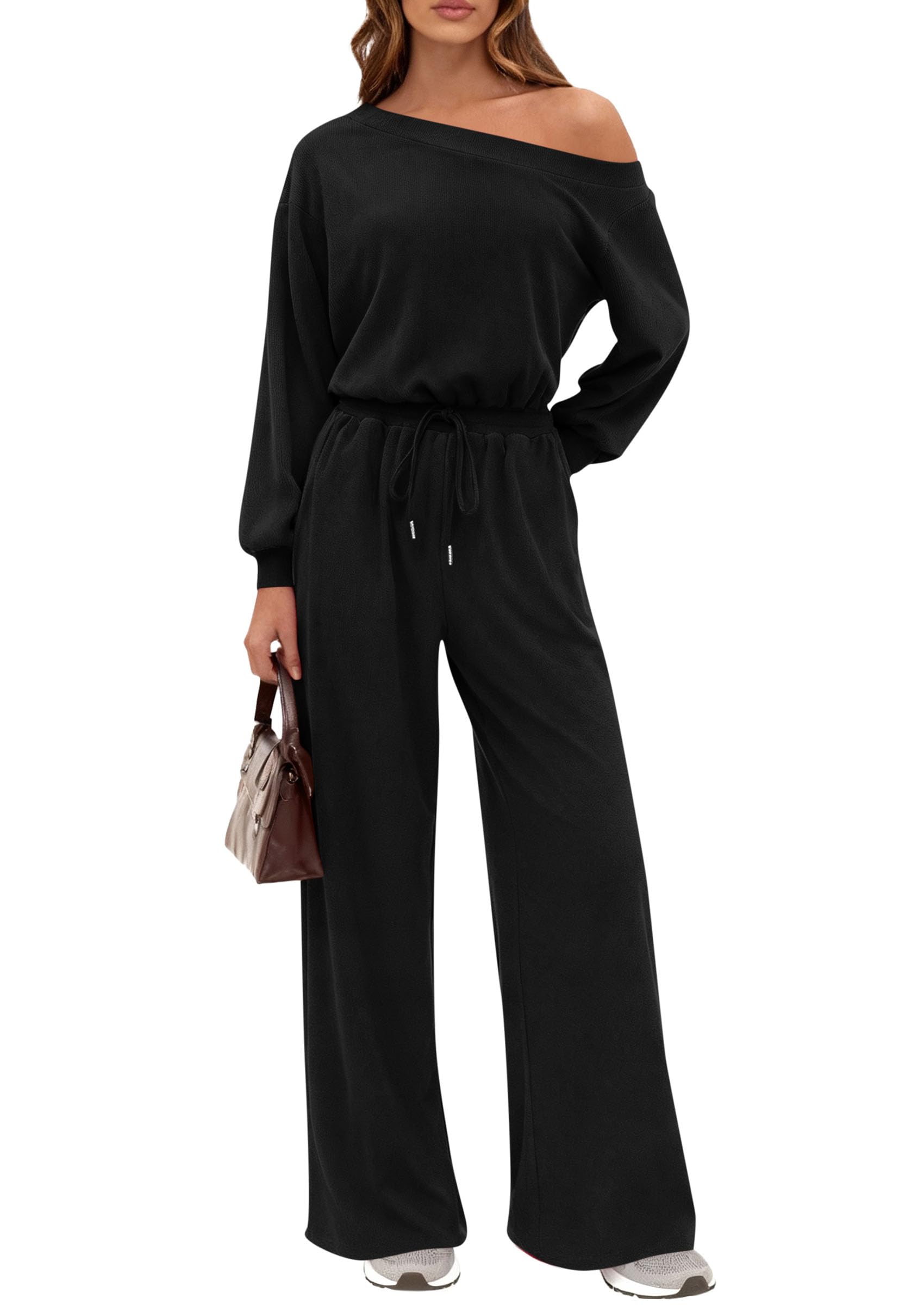 Womens Off Shoulder Long Sleeve Jumpsuit,Black,S
