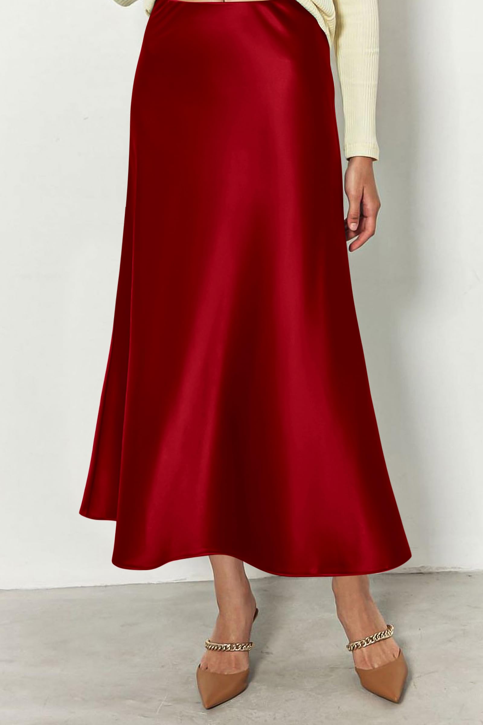 Women's Satin Midi Skirts Dressy Casual,Dark Red,S