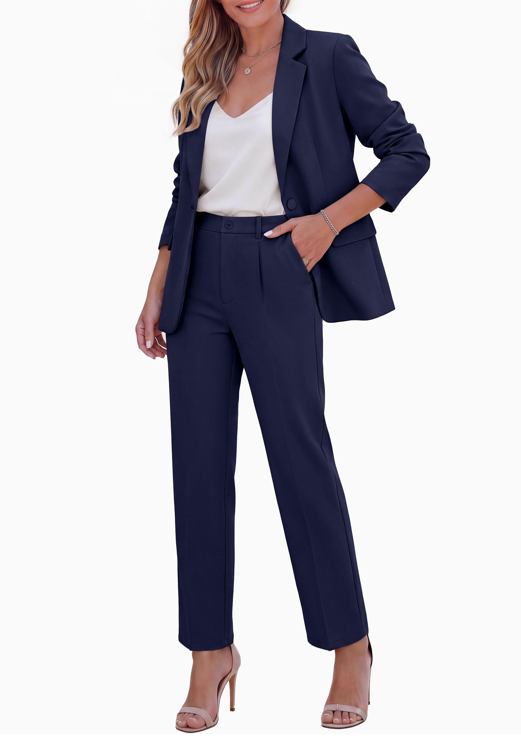 Two Piece Sets for Women Dressy Pant Suits,Navy Blue,M