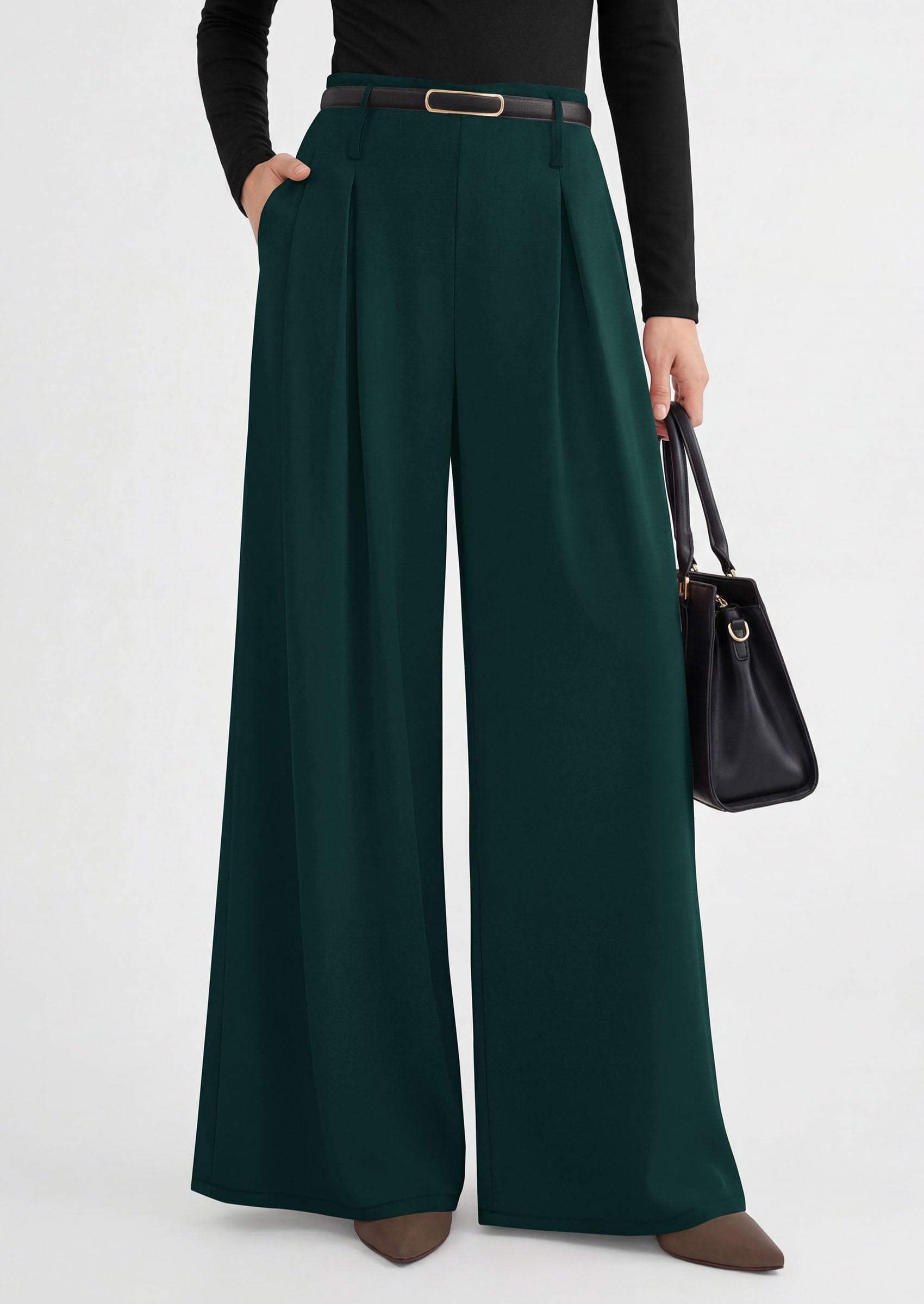 Womens Wide Leg Dress Pants Flowy Trousers,Dark Green,S
