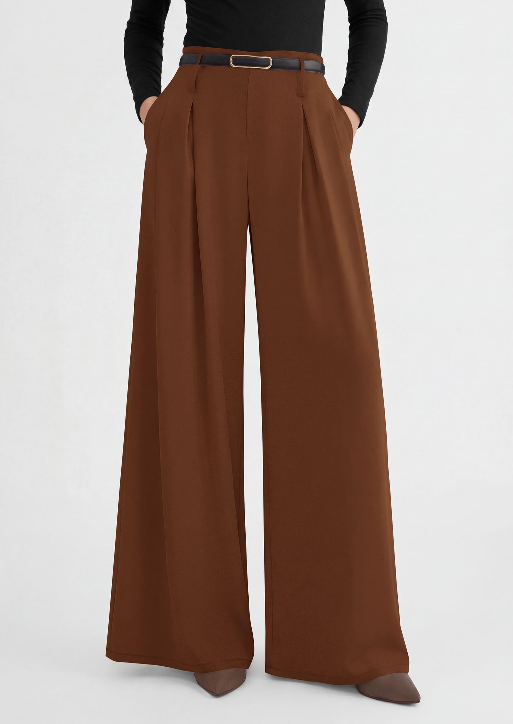 Womens Wide Leg Dress Pants Flowy Trousers,Red Brown,S