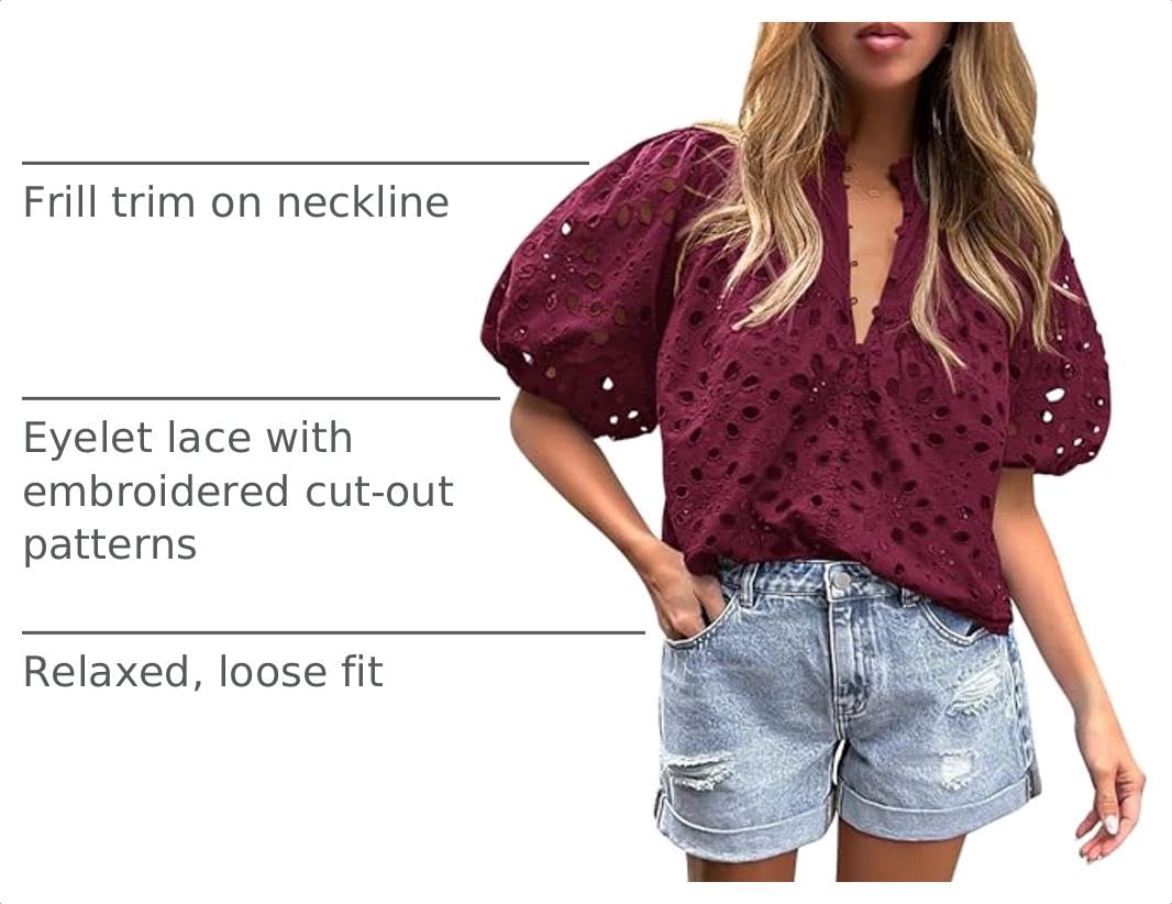 Womens Tops Boho Eyelet Puff Sleeve Blouse, Wine Red,S
