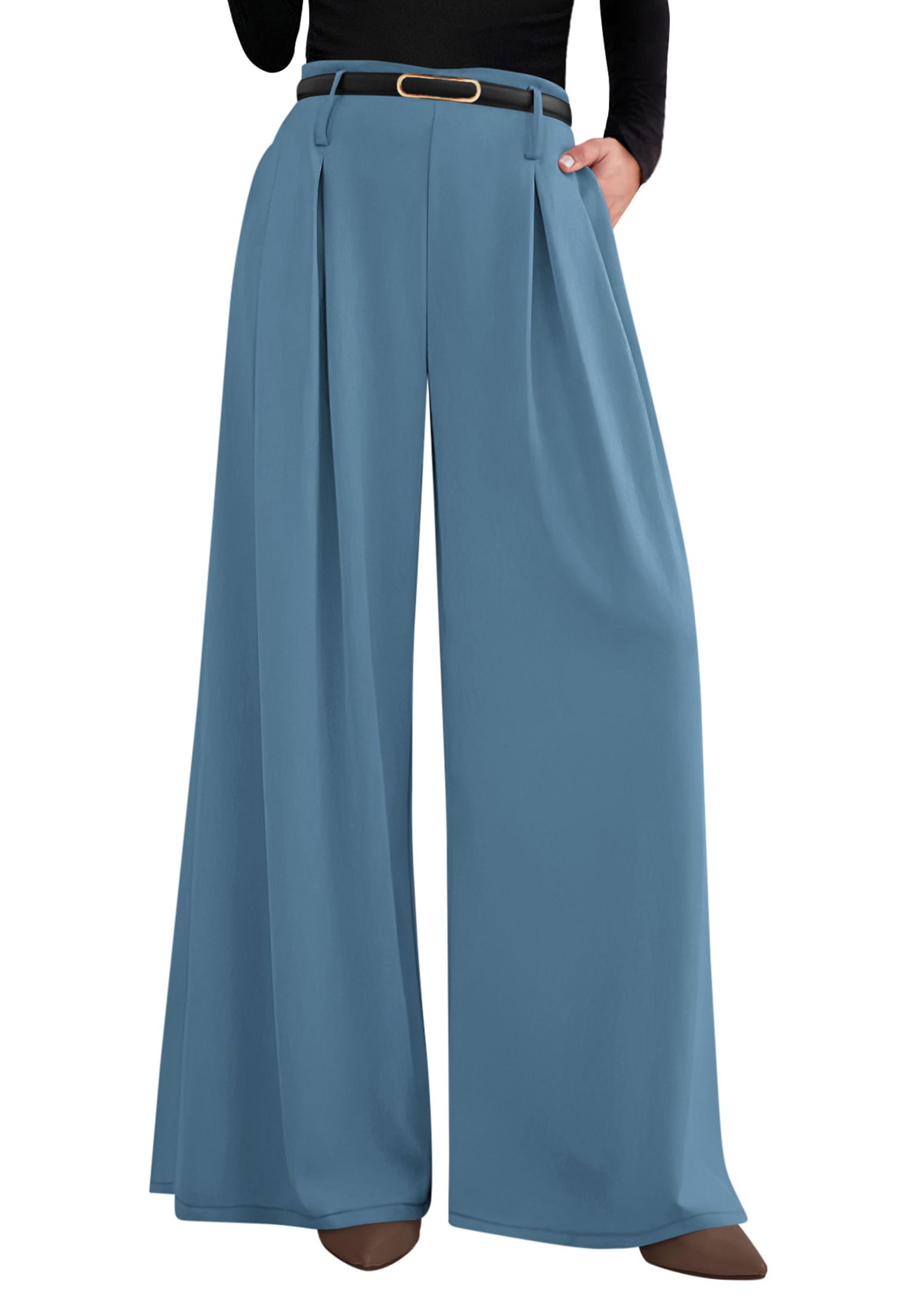Womens Wide Leg Dress Pants Flowy Trousers,Blue,S