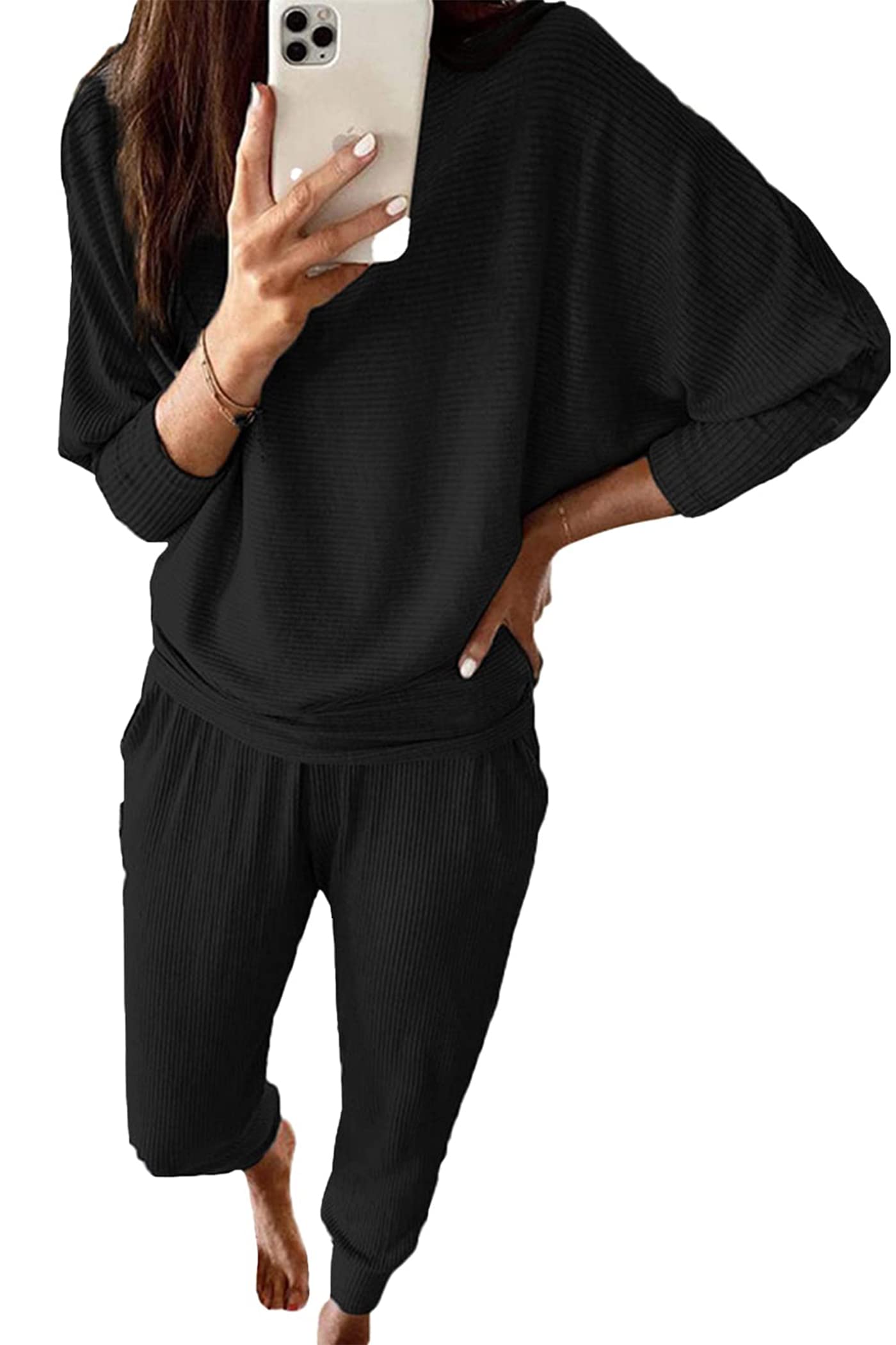 Women's 2 Piece Fall Outfits Matching Ribbed Knit Lounge Sets