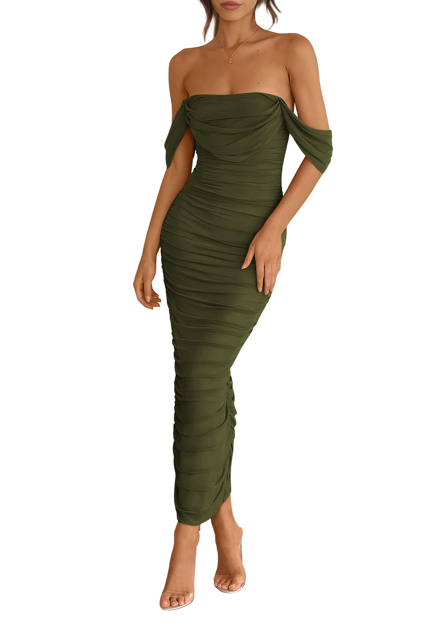 Womens Off Shoulder Maxi Wedding Guest Dress,Army Green,S