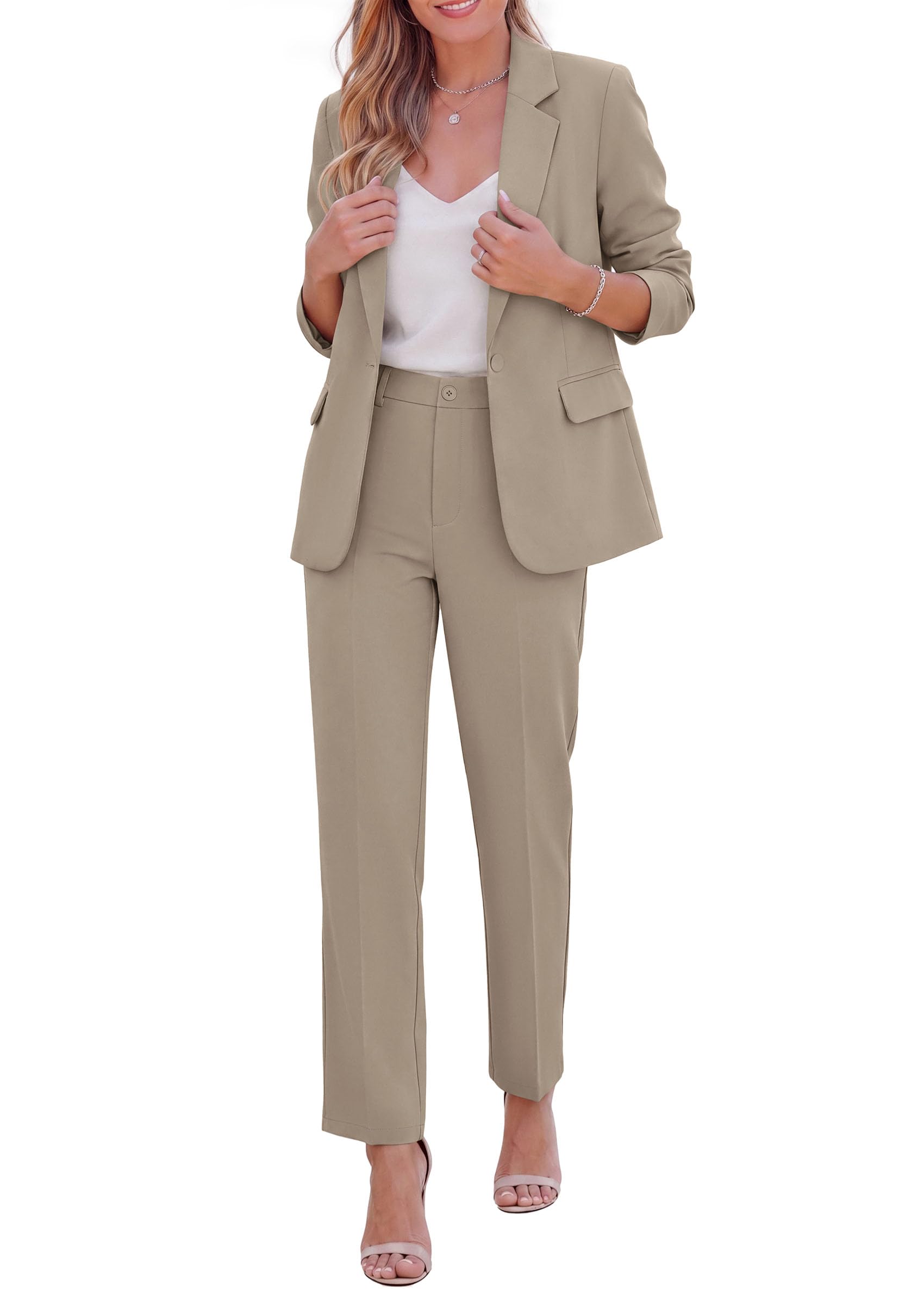 Two Piece Sets for Women Dressy Pant Suits,Khaki,XS