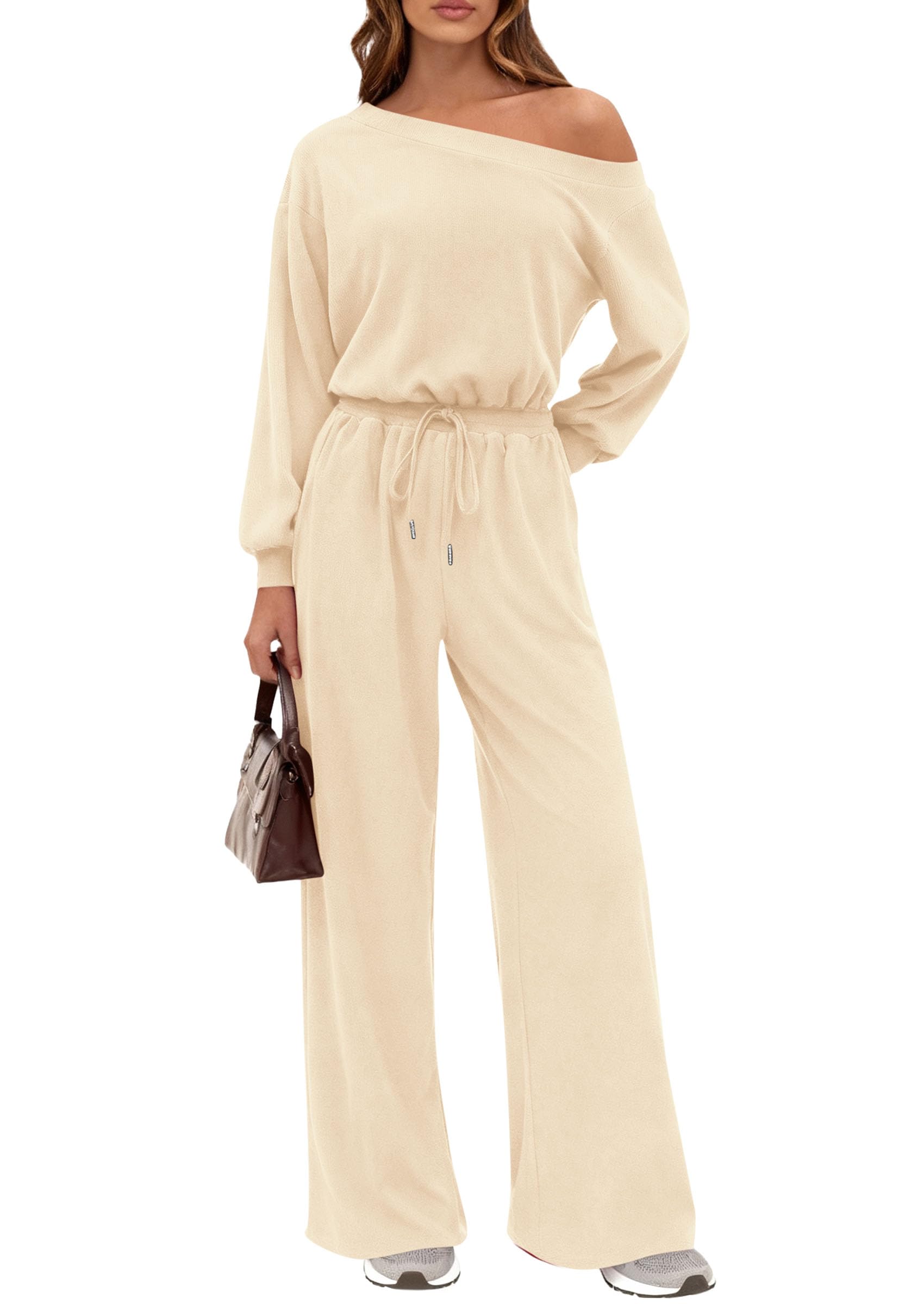 Womens Off Shoulder Long Sleeve Jumpsuit,Apricot,M