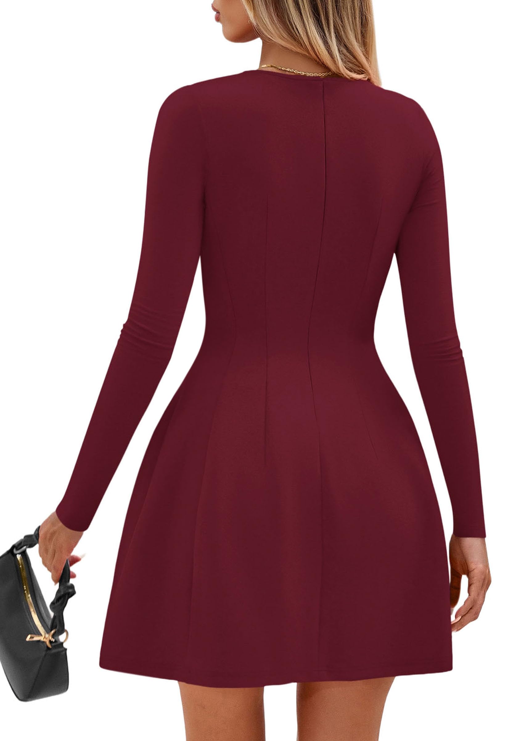 Womens Long Sleeve Pleated Mini Dress,Wine Red,XS
