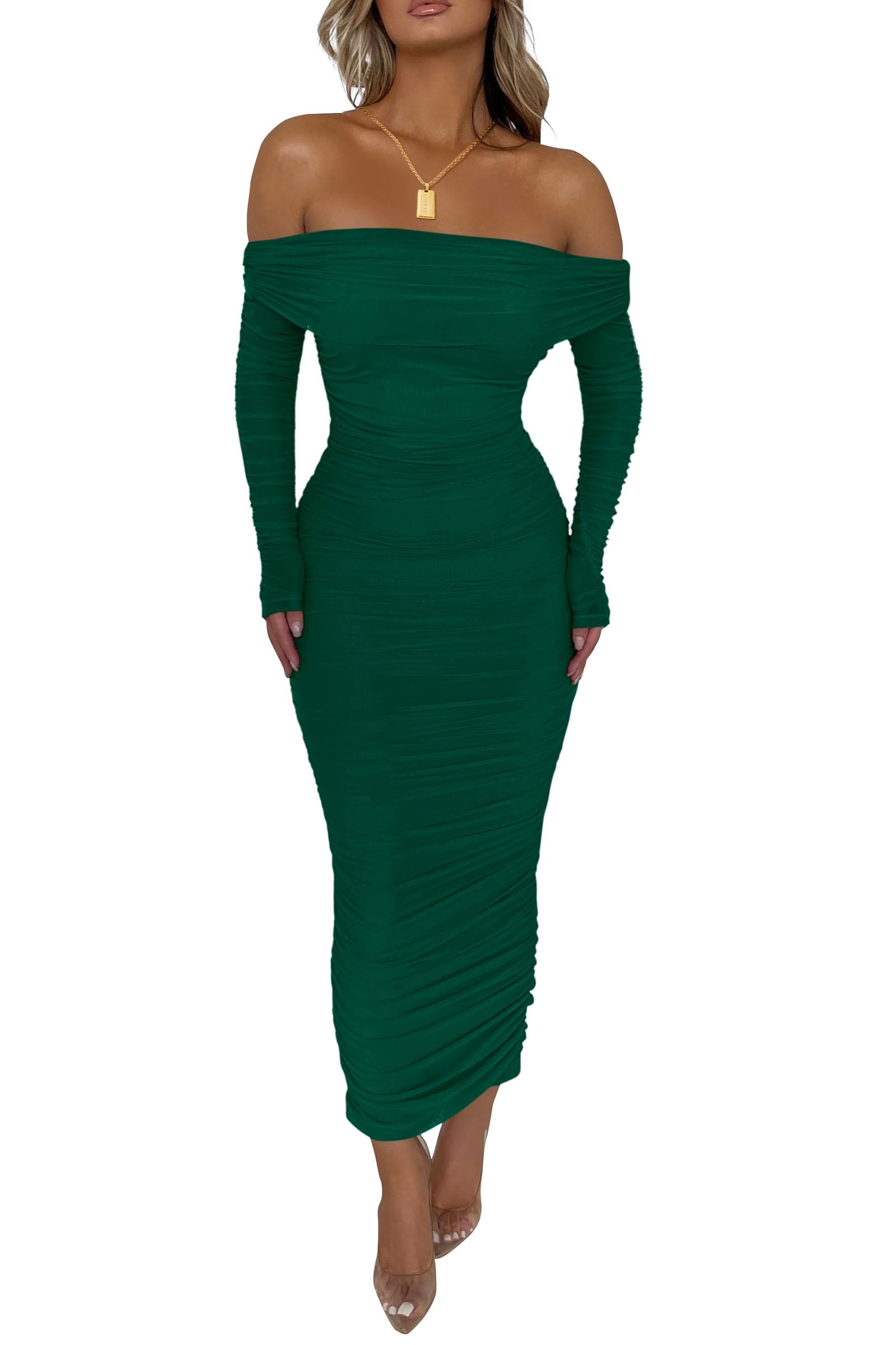 Women's Off the Shoulder Maxi Bodycon Dress, Green,S