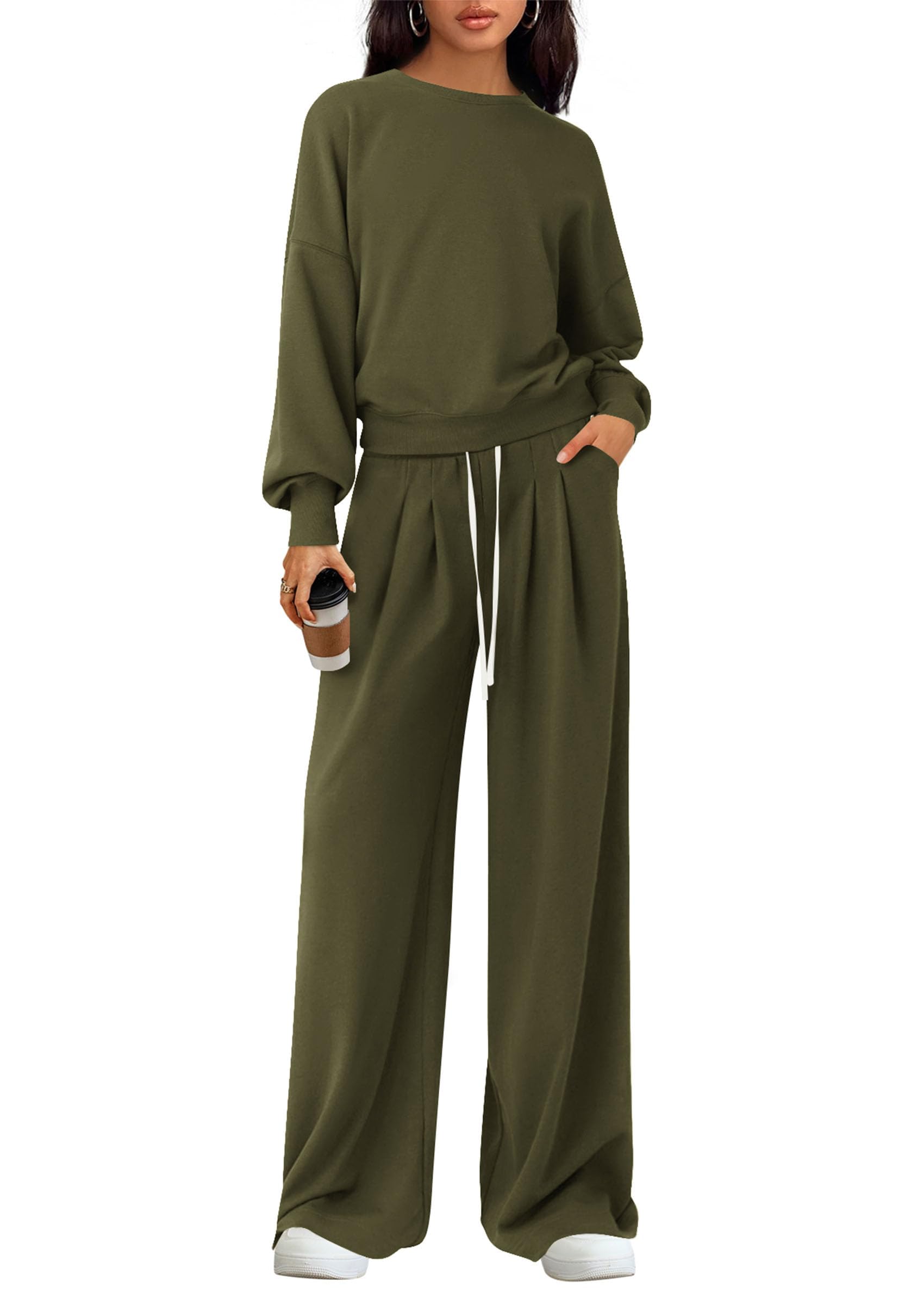 Womens Loose Fit Casual 2 Piece Lounge Set,Army Green,M