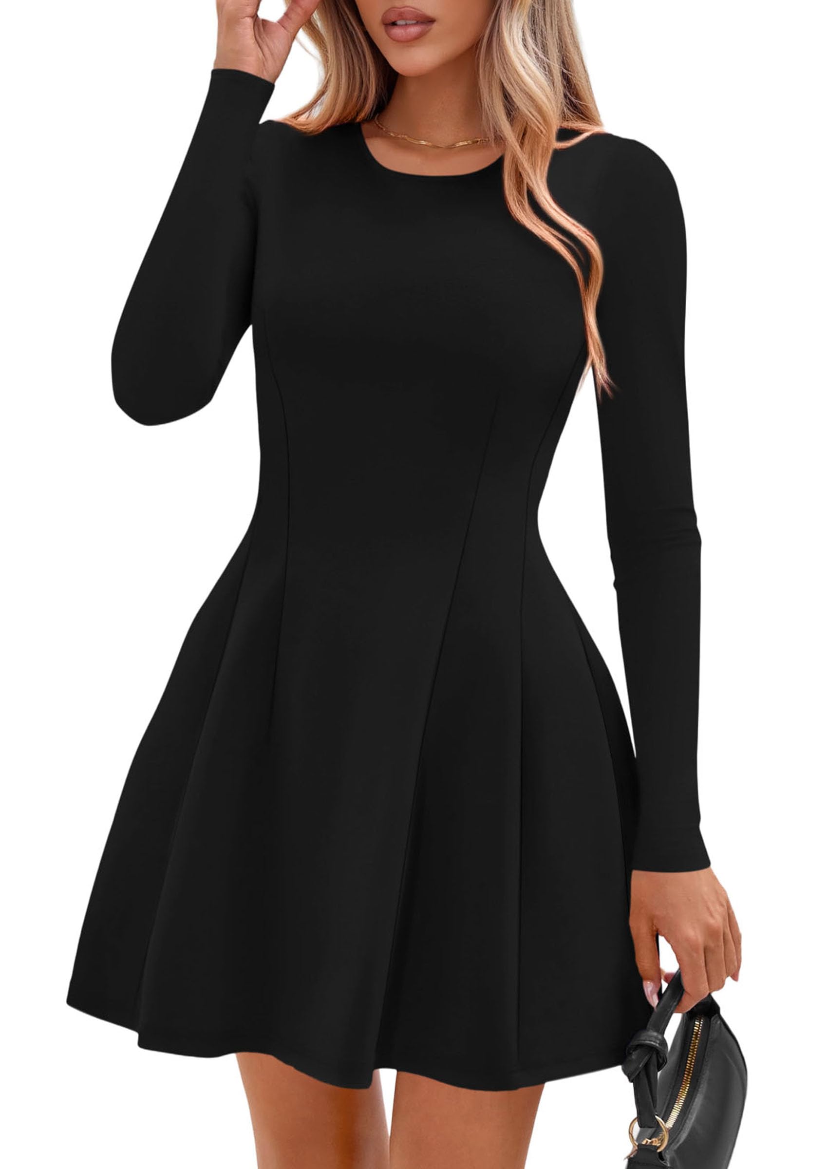 Womens Long Sleeve Pleated Mini Dress,Black,XS