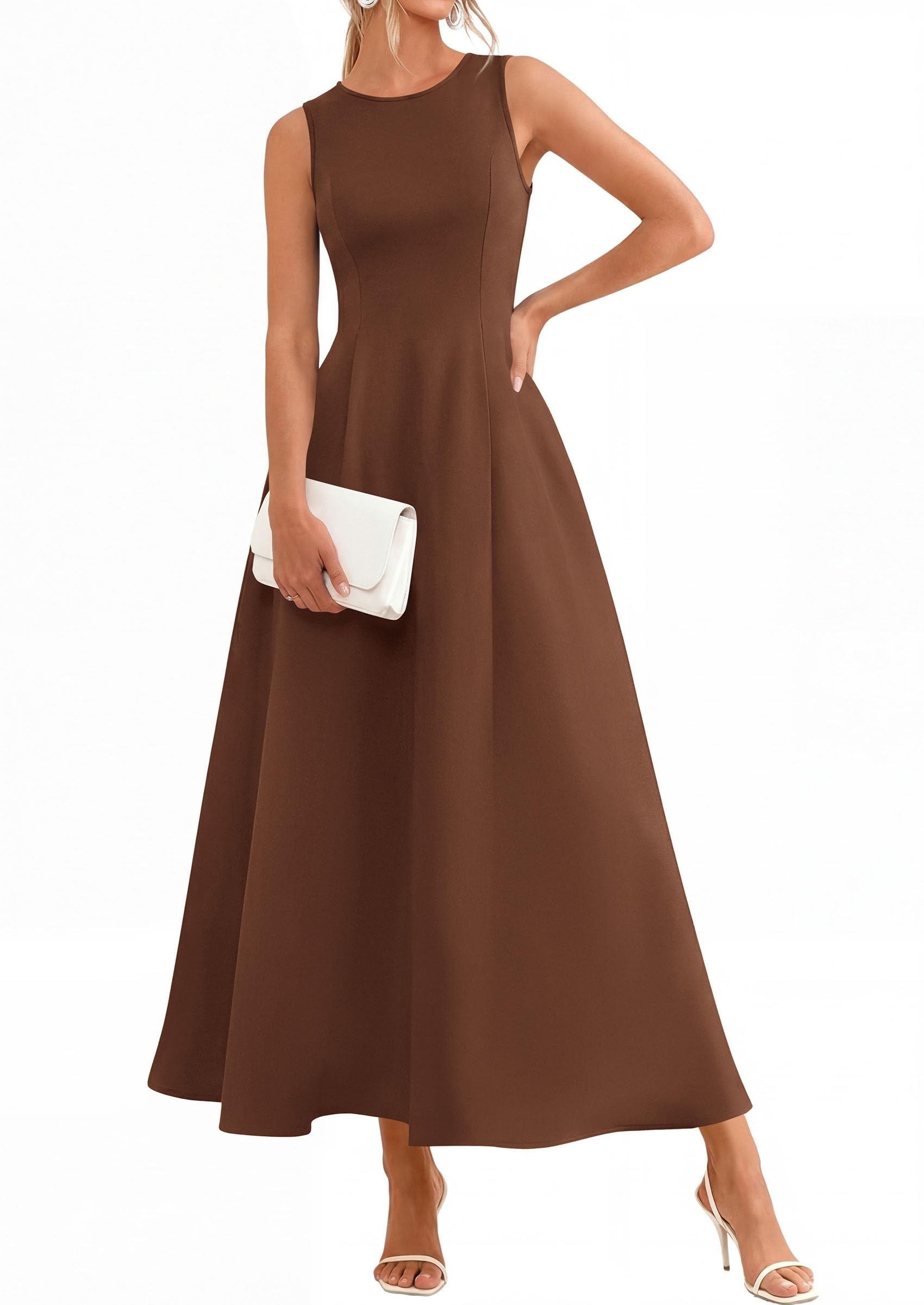 Women's Sleeveless Summer Elegant Maxi Dresses, Brown,S